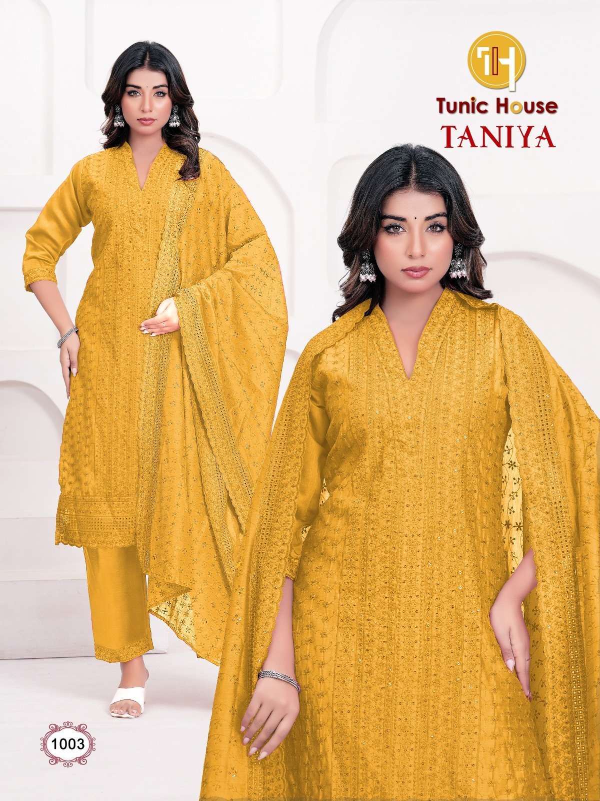 TUNIC HOUSE TANIYA CHANDERI SILK WITH LUCKNOWI WORKS KURTI BOTTOM AND DUPATTA 