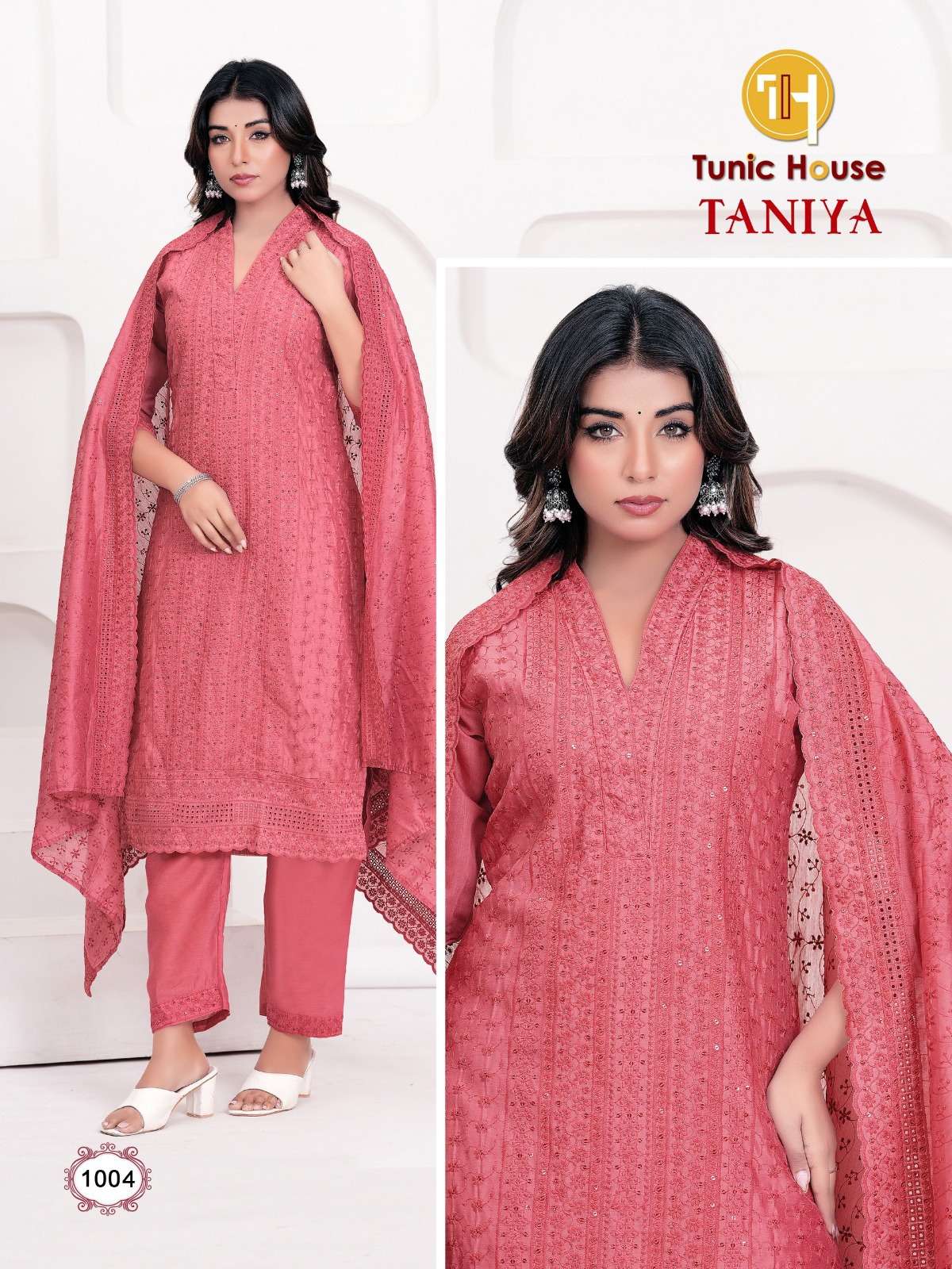 TUNIC HOUSE TANIYA CHANDERI SILK WITH LUCKNOWI WORKS KURTI BOTTOM AND DUPATTA 