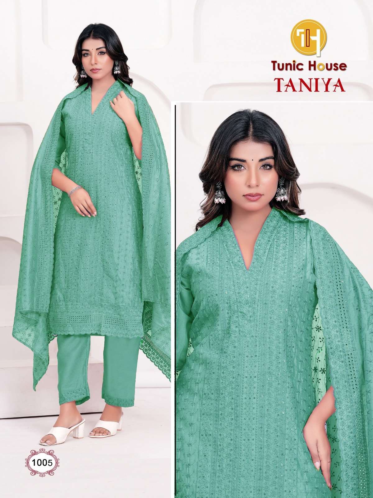 TUNIC HOUSE TANIYA CHANDERI SILK WITH LUCKNOWI WORKS KURTI BOTTOM AND DUPATTA 