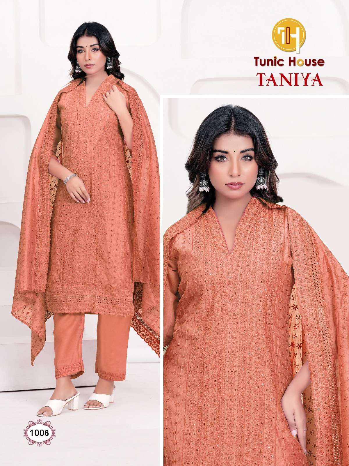 TUNIC HOUSE TANIYA CHANDERI SILK WITH LUCKNOWI WORKS KURTI BOTTOM AND DUPATTA 