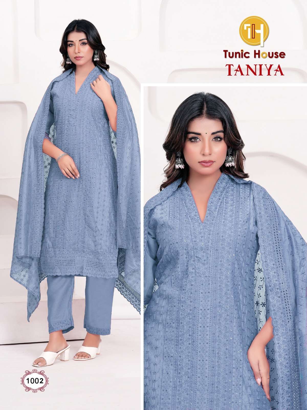 TUNIC HOUSE TANIYA CHANDERI SILK WITH LUCKNOWI WORKS KURTI BOTTOM AND DUPATTA 