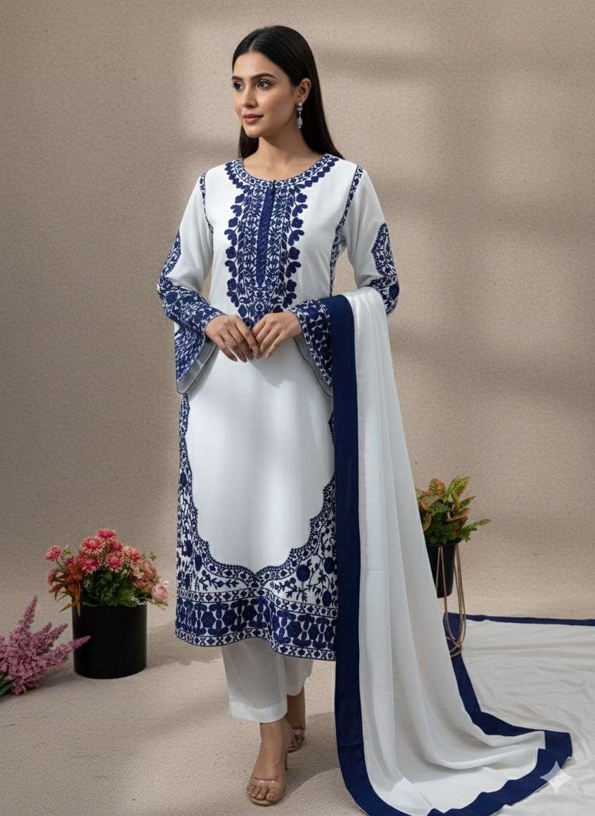 JF 020 GEORGETTE EMBROIDERED DESIGNER KURTI PLAZZO WITH DUPATTA SET 