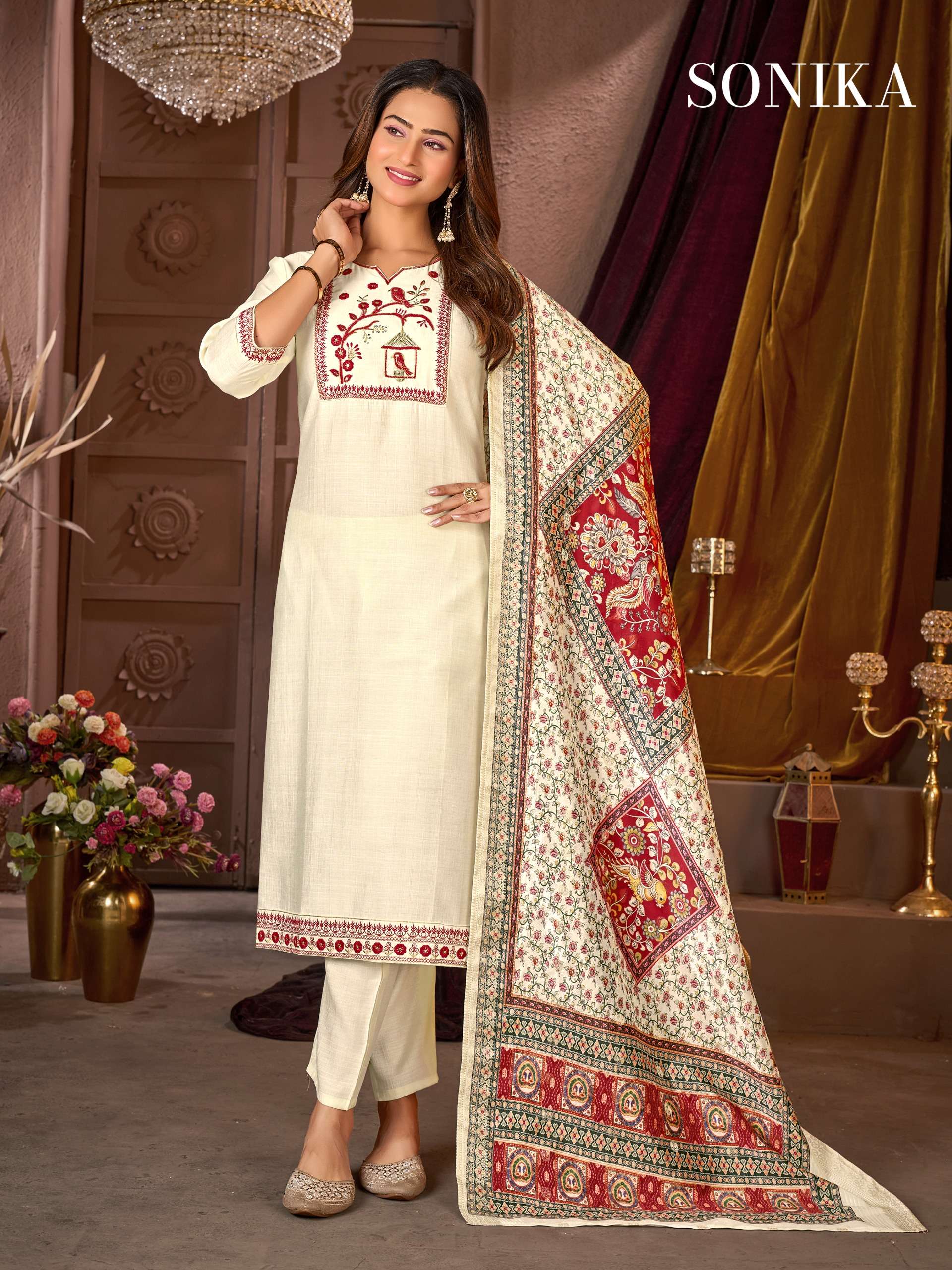 MF SONIKA SILK WITH HEAVY EMBROIDERY WORKS LADIES 3PIECE SET COLLECTION 
