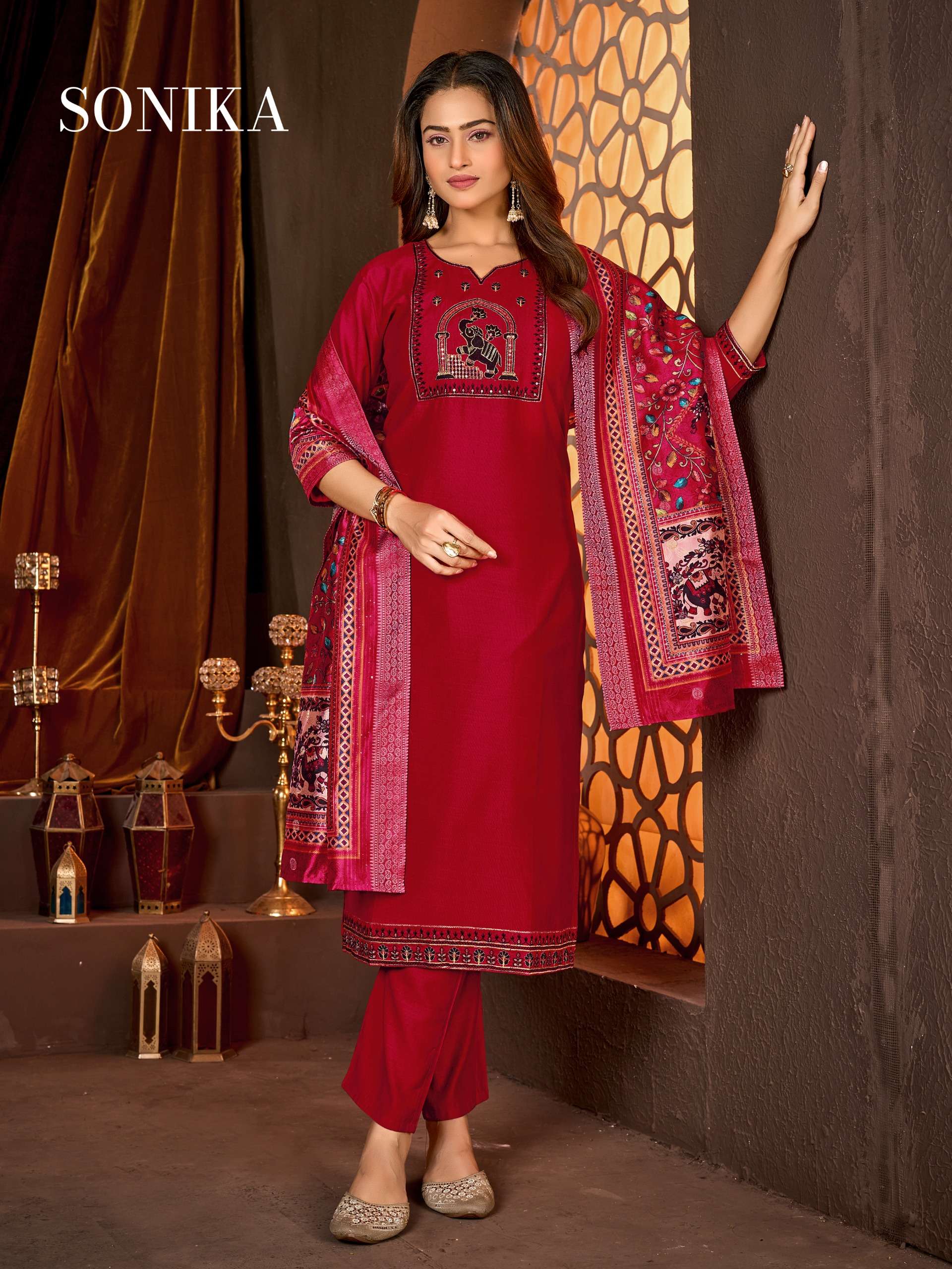 MF SONIKA SILK WITH HEAVY EMBROIDERY WORKS LADIES 3PIECE SET COLLECTION 