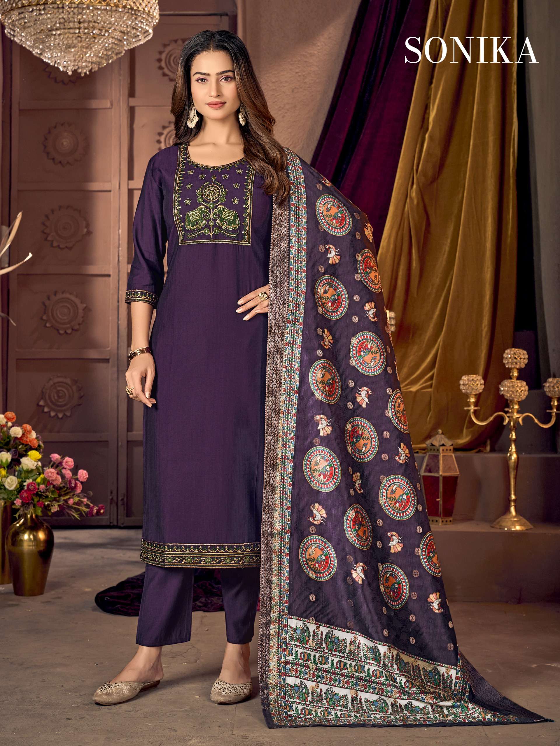 MF SONIKA SILK WITH HEAVY EMBROIDERY WORKS LADIES 3PIECE SET COLLECTION 