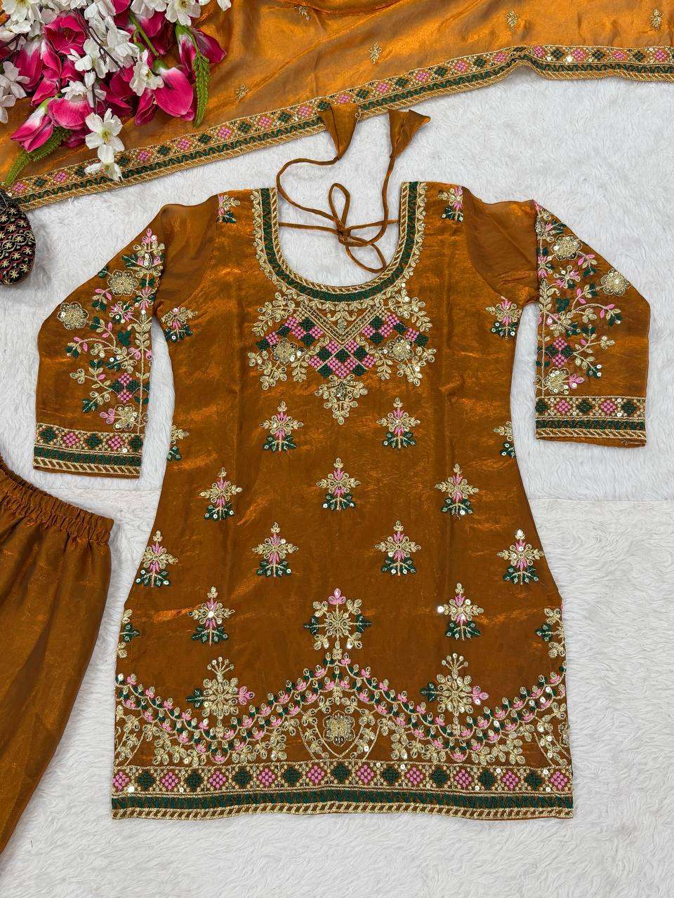 ND 5056 SILK DESIGNER PARTY WEAR LADIES TOP WITH SHARARA AND DUPATTA SET 