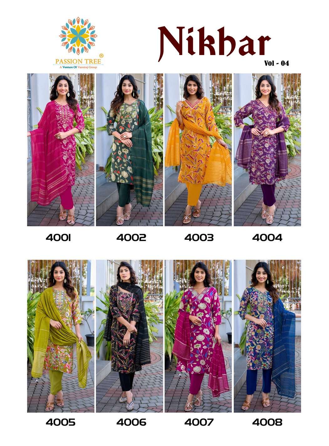 PASSION TREE NIKHAAR VOL 4 RAYON FANCY STRAIGHT KURTI WITH PANT & DUPATTA SET
