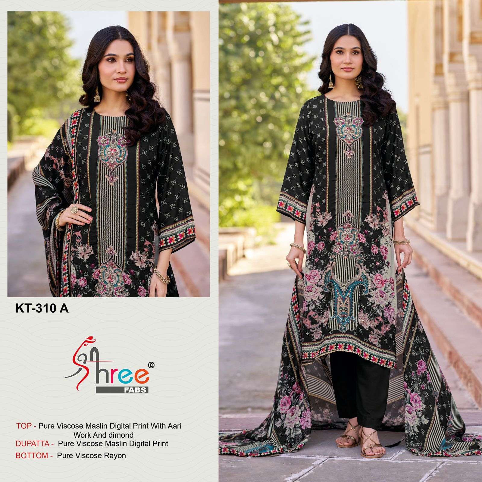 SHREE FAB DESIGN NO - KT 310 PURE VISCOSE MUSLIN DIGITAL PRINT AARI HAND WORK PAKISTANI SUIT