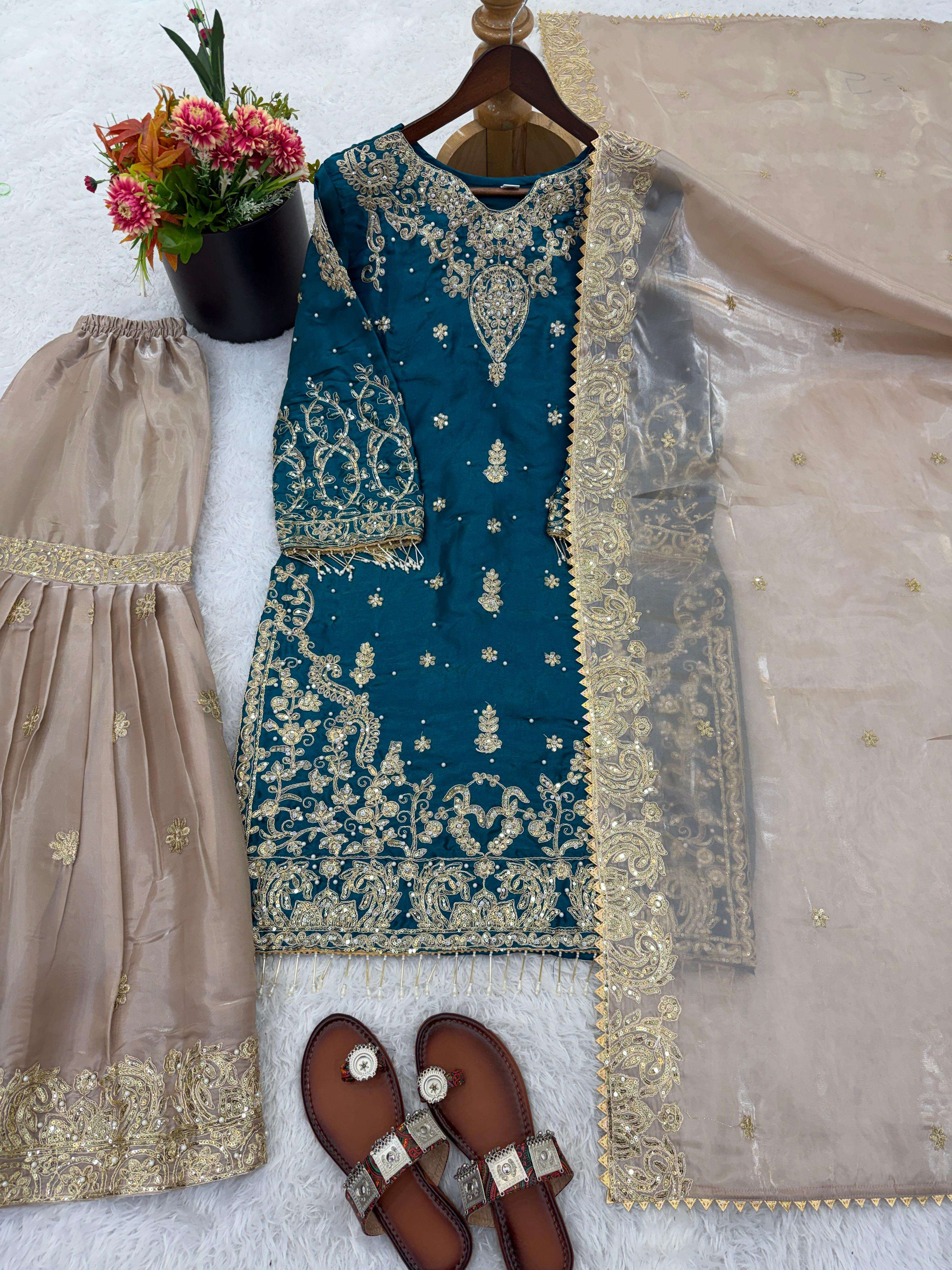 SR 1702 SILK HEAVY BEAUTIFUL EMBROIDERY DESIGNER FESTIVE WEAR LADIES SHARARA SUIT