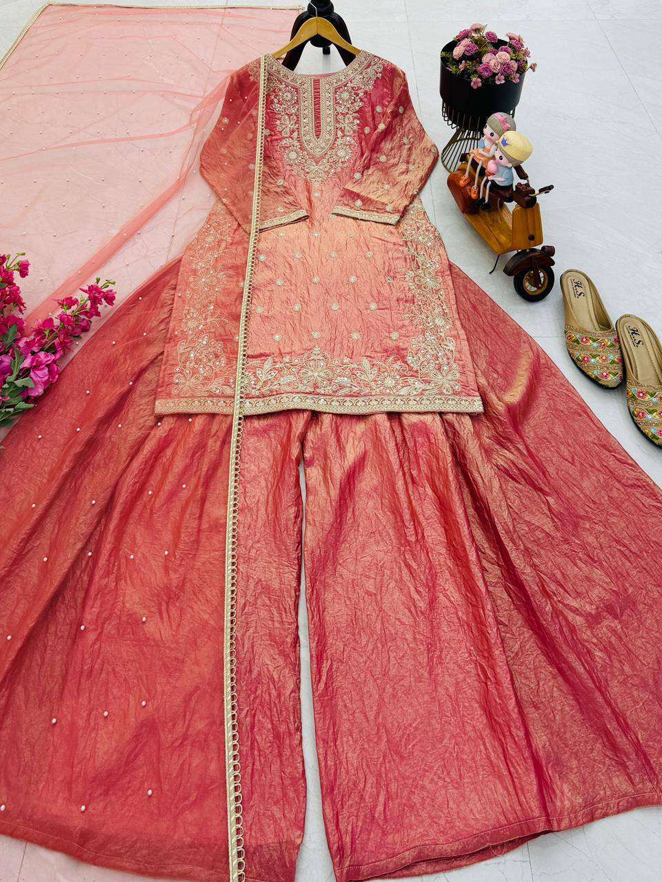 ZD 10015 SILK DESIGNER PARTY WEAR LADIES TOP PLAZZO AND DUPATTA SET