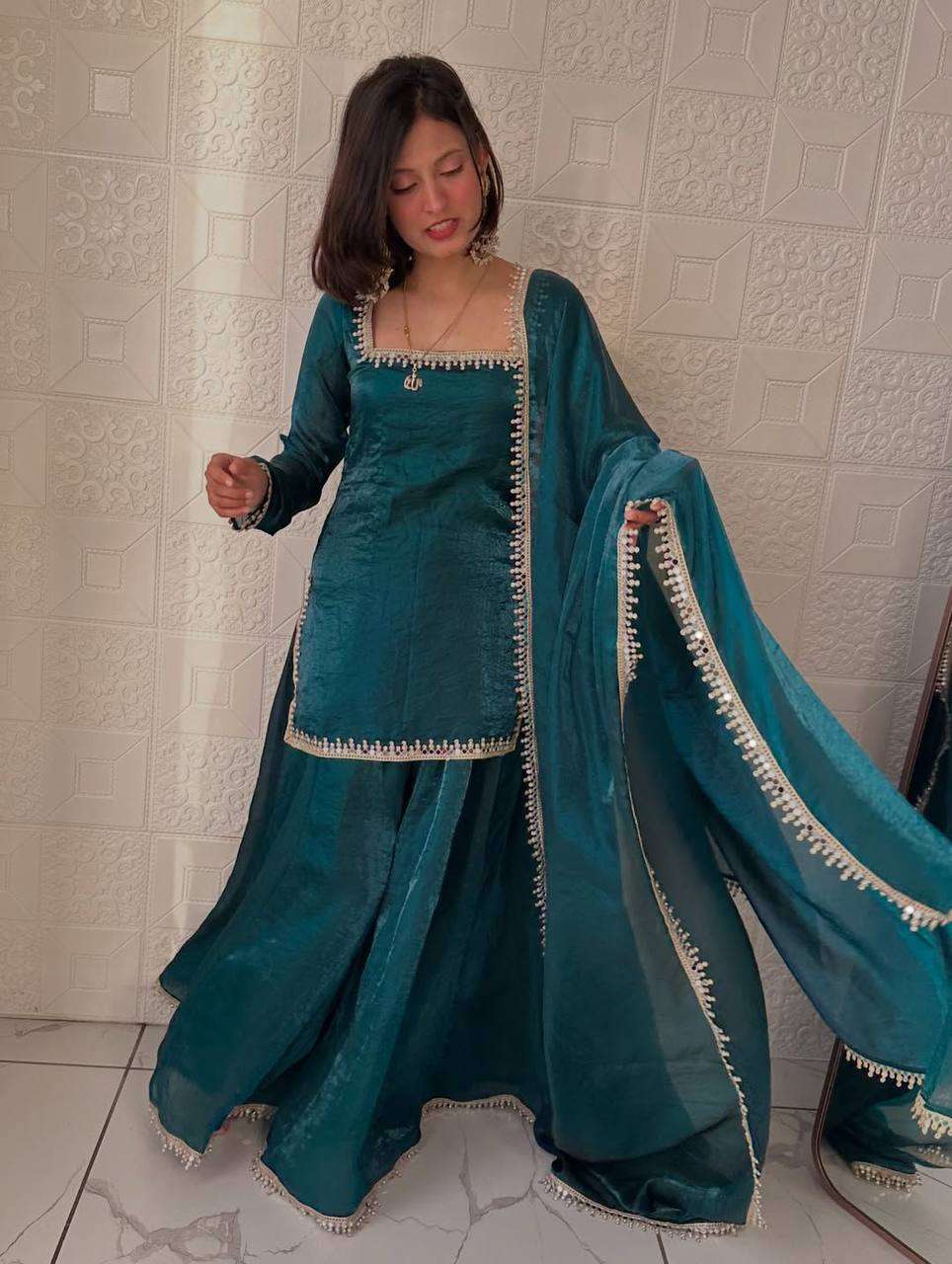 ZD 10015 SILK DESIGNER PARTY WEAR LADIES TOP PLAZZO AND DUPATTA SET