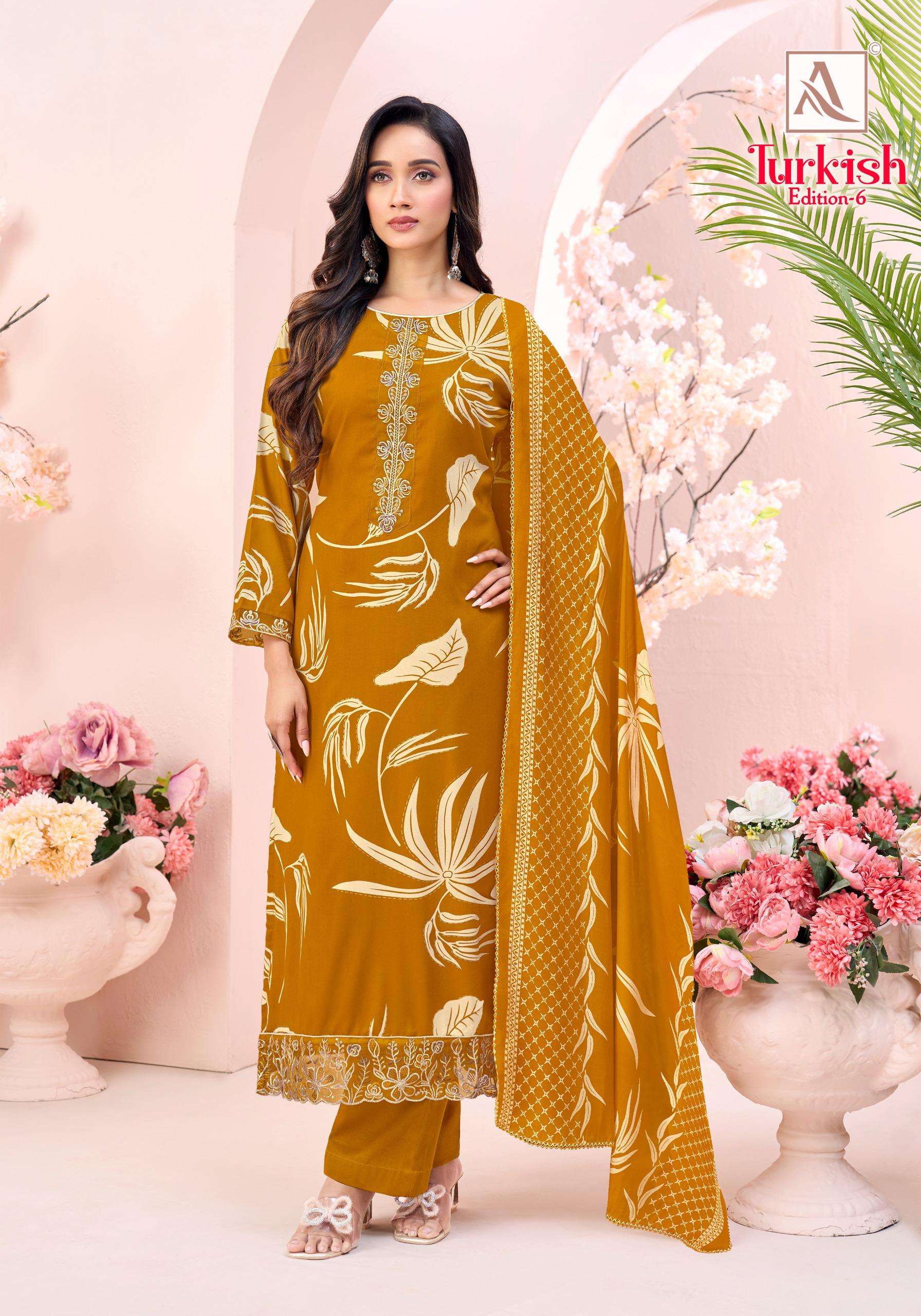 ALOK SUITS TURKISH EDITION 6 VISCOSE RAYON PRINT WITH FANCY WORK SUIT