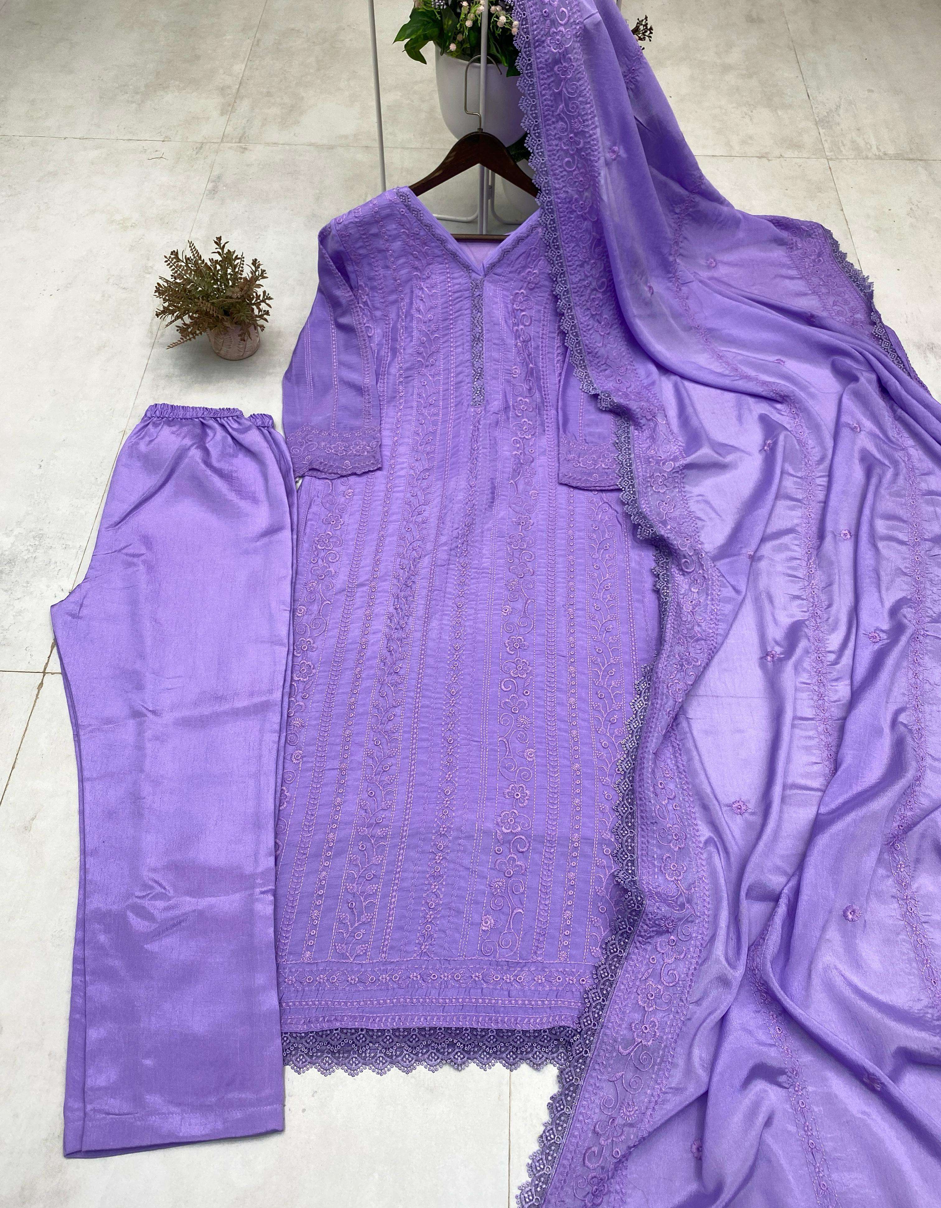 BE 322 COTTON EMBROIDERED WORK KURTI PLAZO WITH DUPATTA SET 