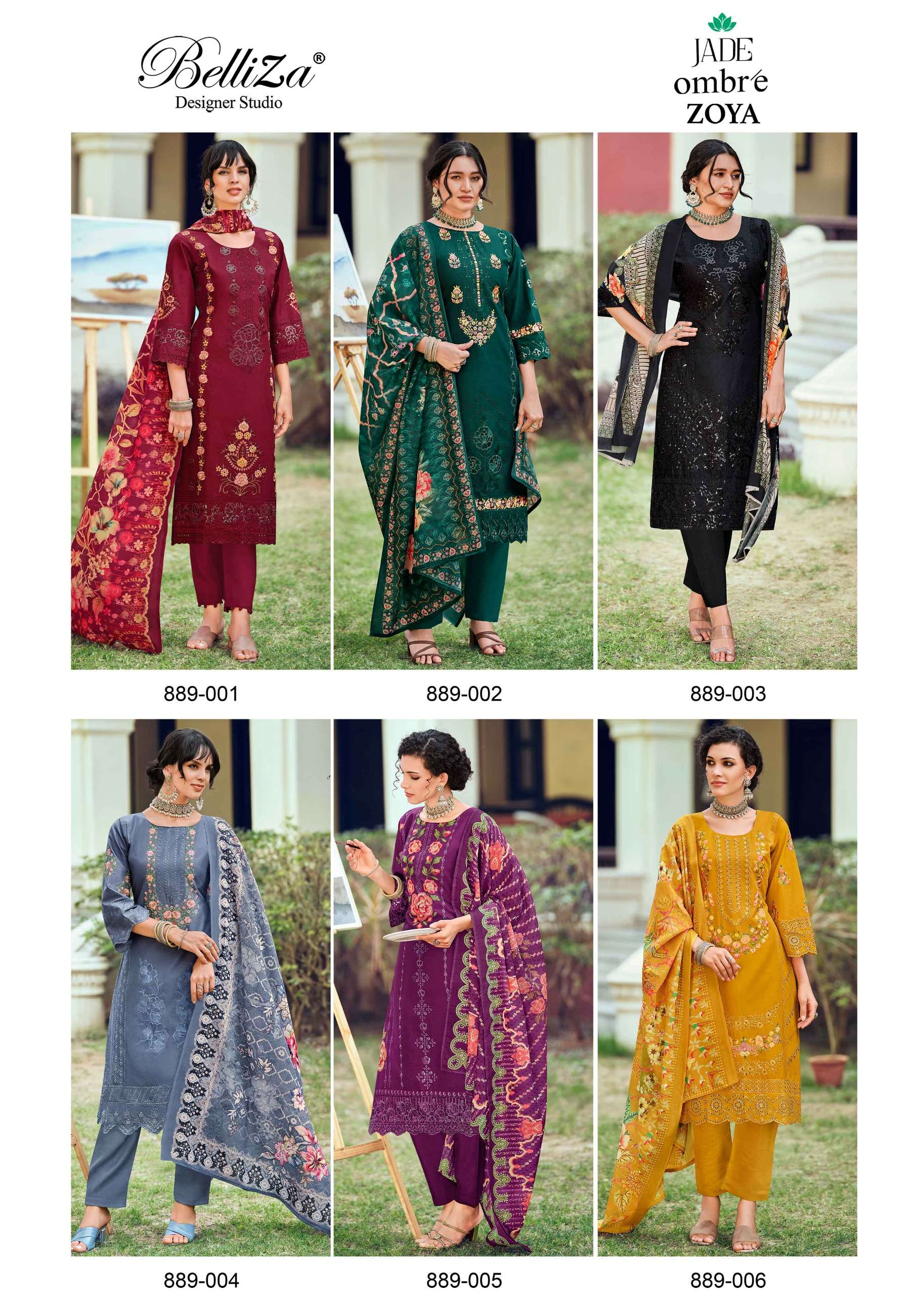 BELLIZA DESIGNER STUDIO OMBRE ZOYA LAWN COTTON EMBROIDERY WORK SUITS SUIT