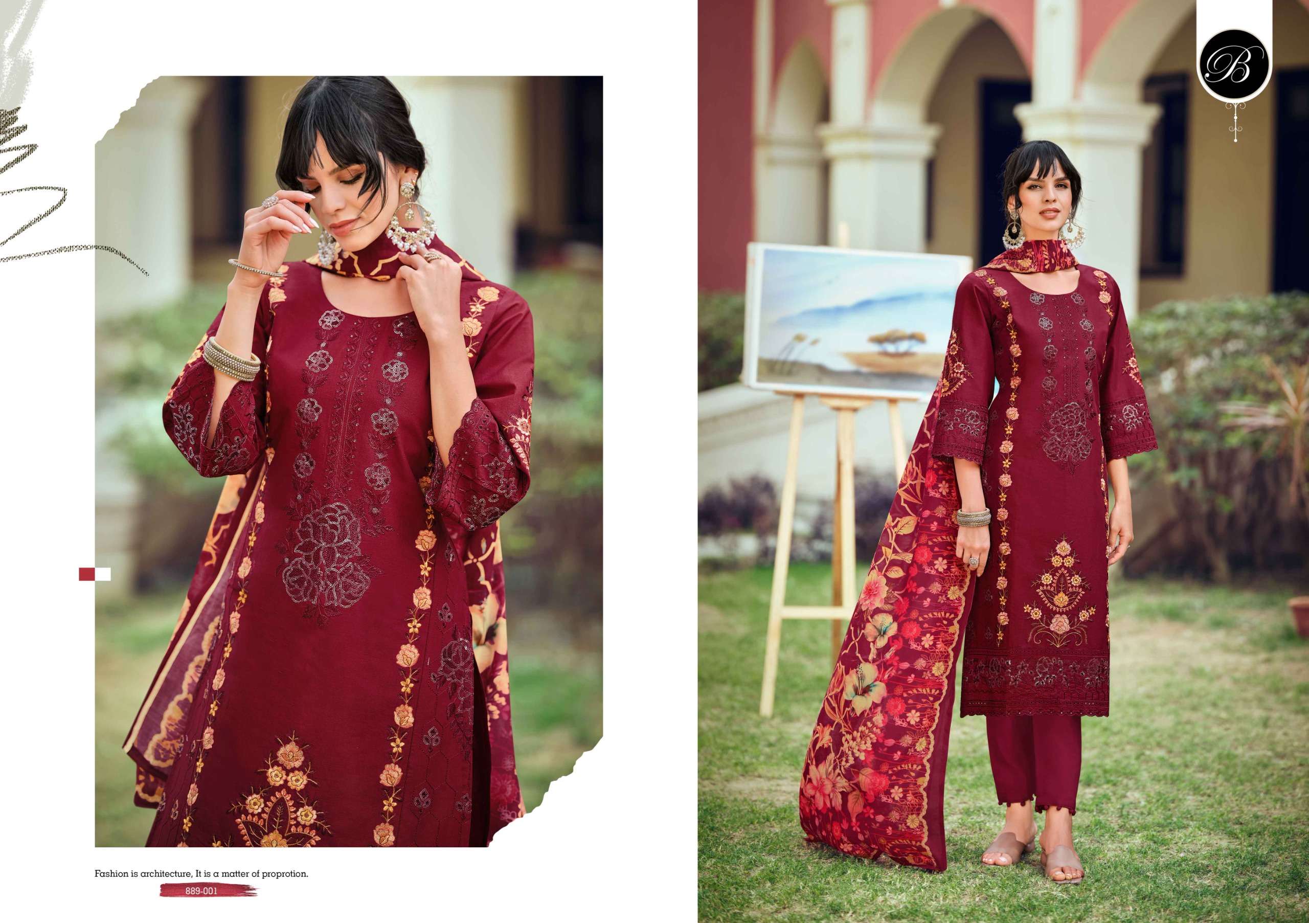 BELLIZA DESIGNER STUDIO OMBRE ZOYA LAWN COTTON EMBROIDERY WORK SUITS SUIT