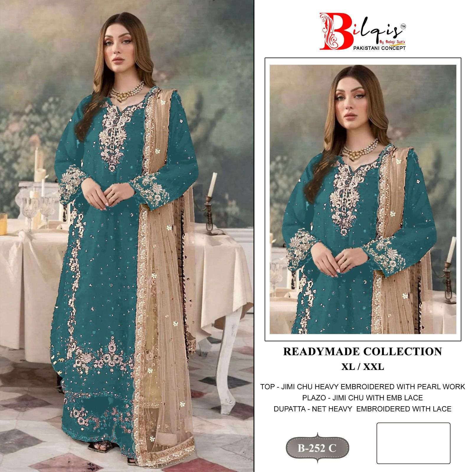 BILQIS B 252  E TO H JIMI CHU SILK HEAVY EMBROIDERD DESIGNER READY MADE PAKISTANI SUIT