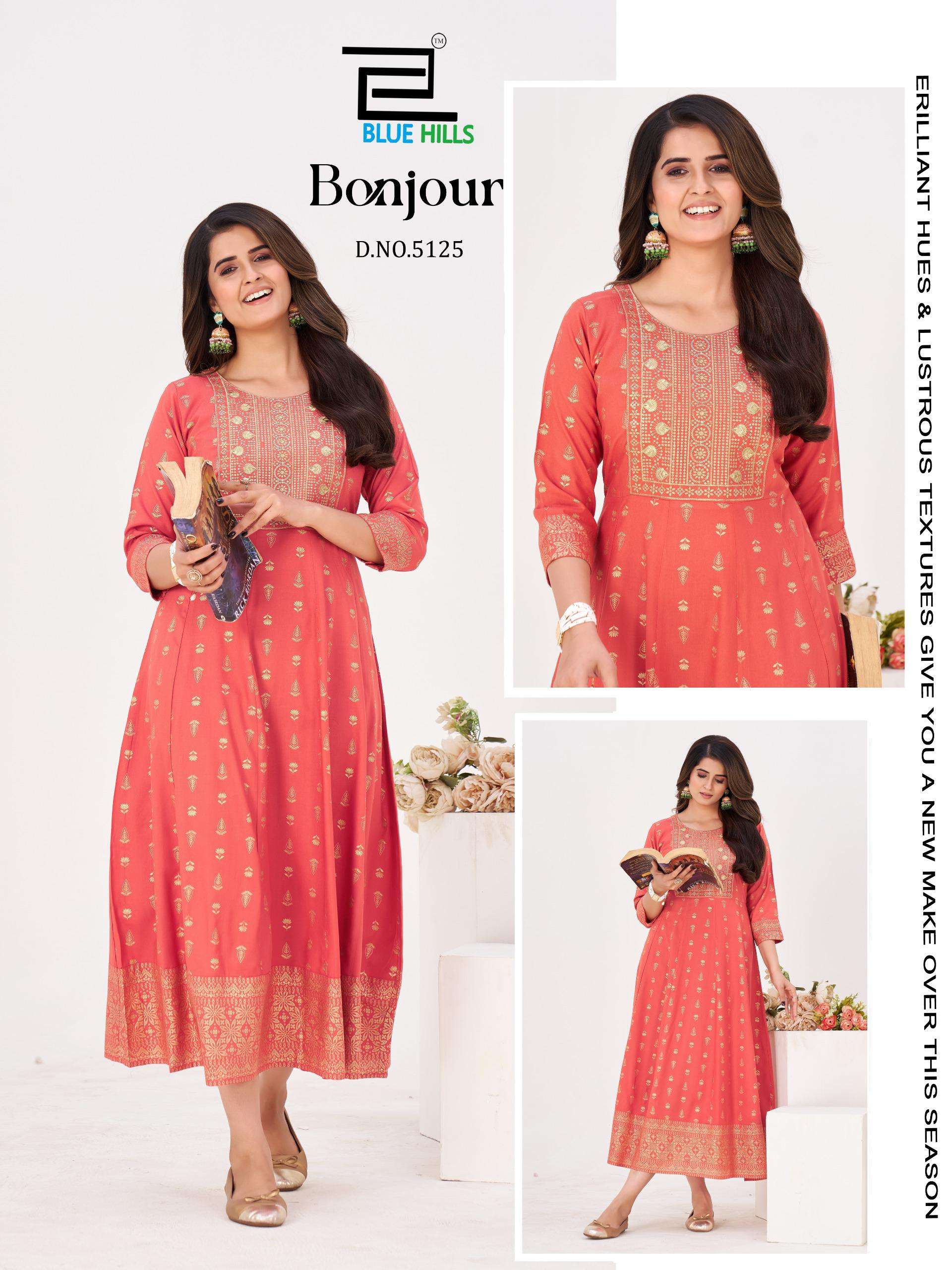 BLUE HILLS BONJOUR RAYON FOIL PRINT ANARKALI STYLE LADIES KURTI 