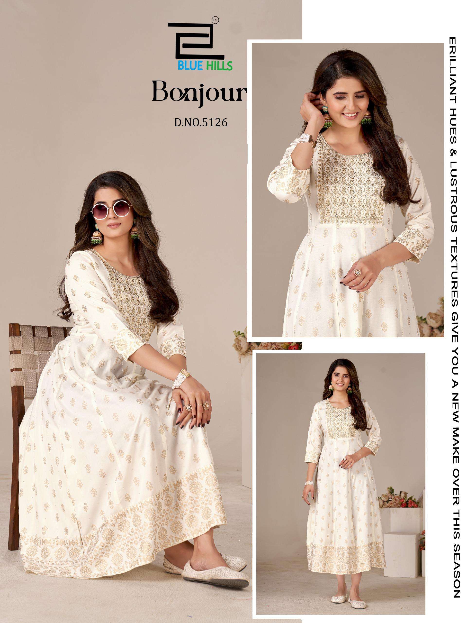 BLUE HILLS BONJOUR RAYON FOIL PRINT ANARKALI STYLE LADIES KURTI 