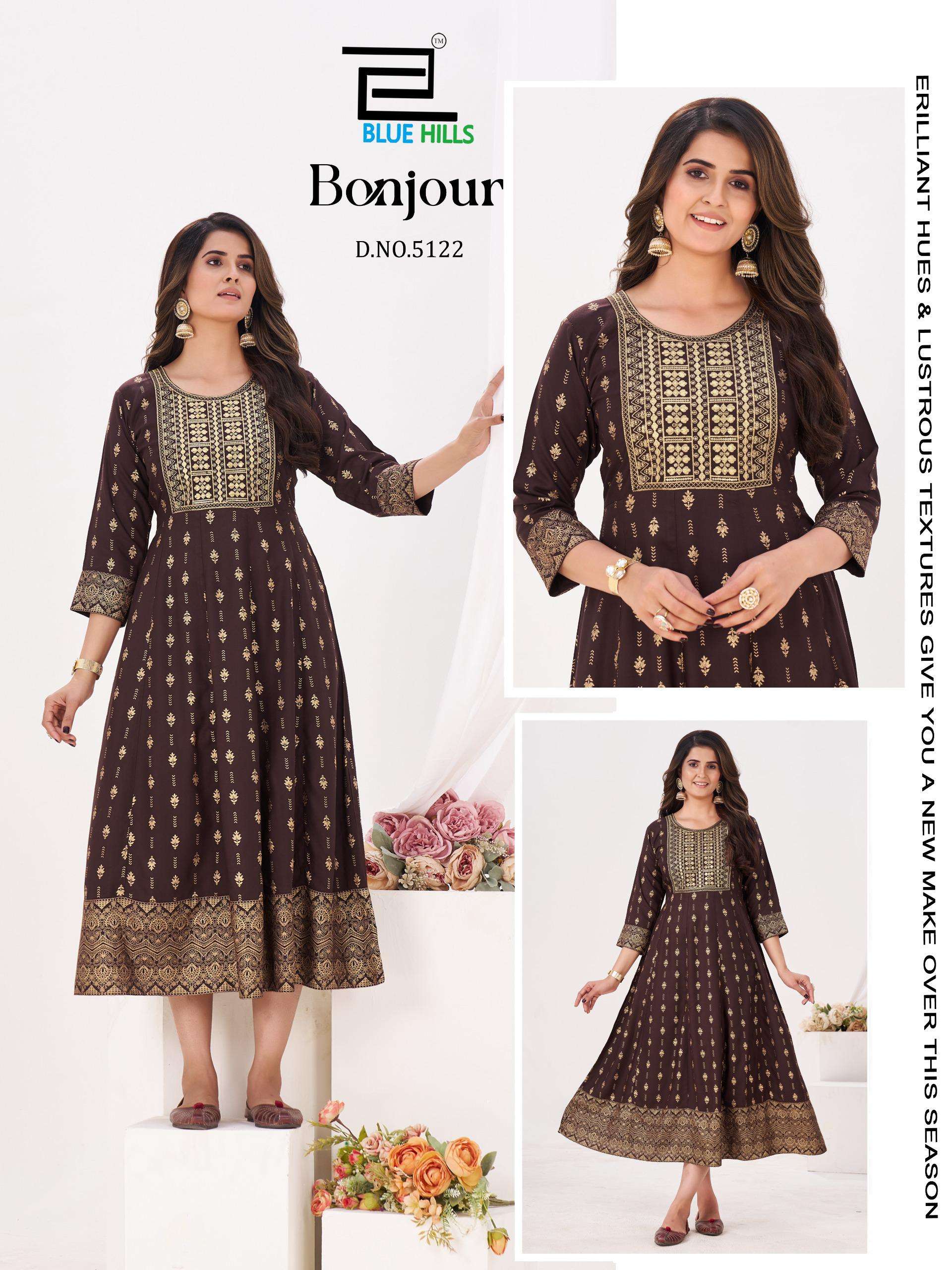 BLUE HILLS BONJOUR RAYON FOIL PRINT ANARKALI STYLE LADIES KURTI 