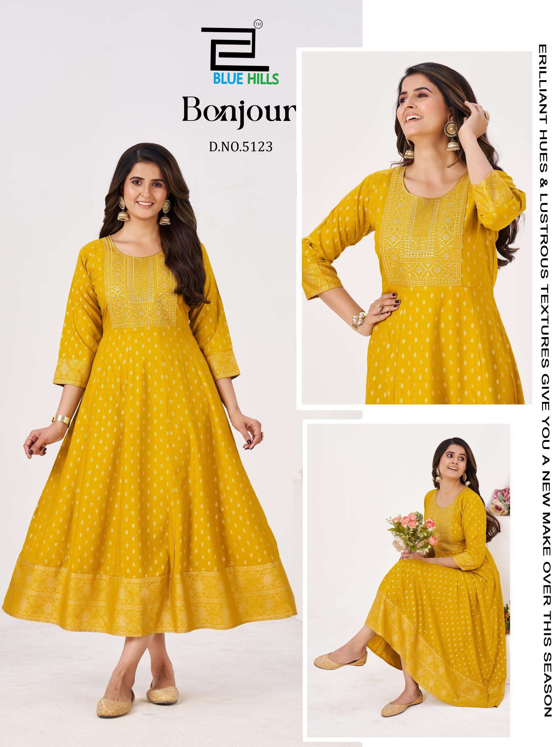 BLUE HILLS BONJOUR RAYON FOIL PRINT ANARKALI STYLE LADIES KURTI 