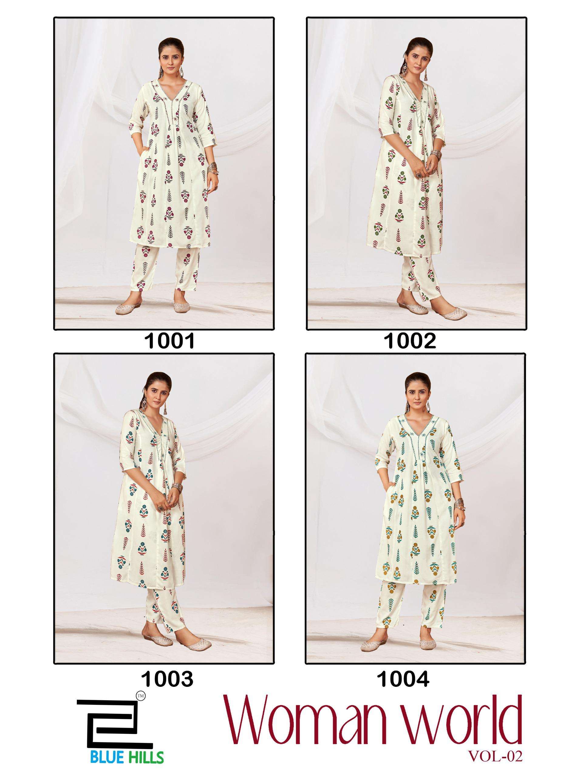 BLUE HILLS WOMAN WORLD VOL 2 RAYON PRINT PRINCESS CUT STYLE KURTI WITH BOTTOM PAIR 