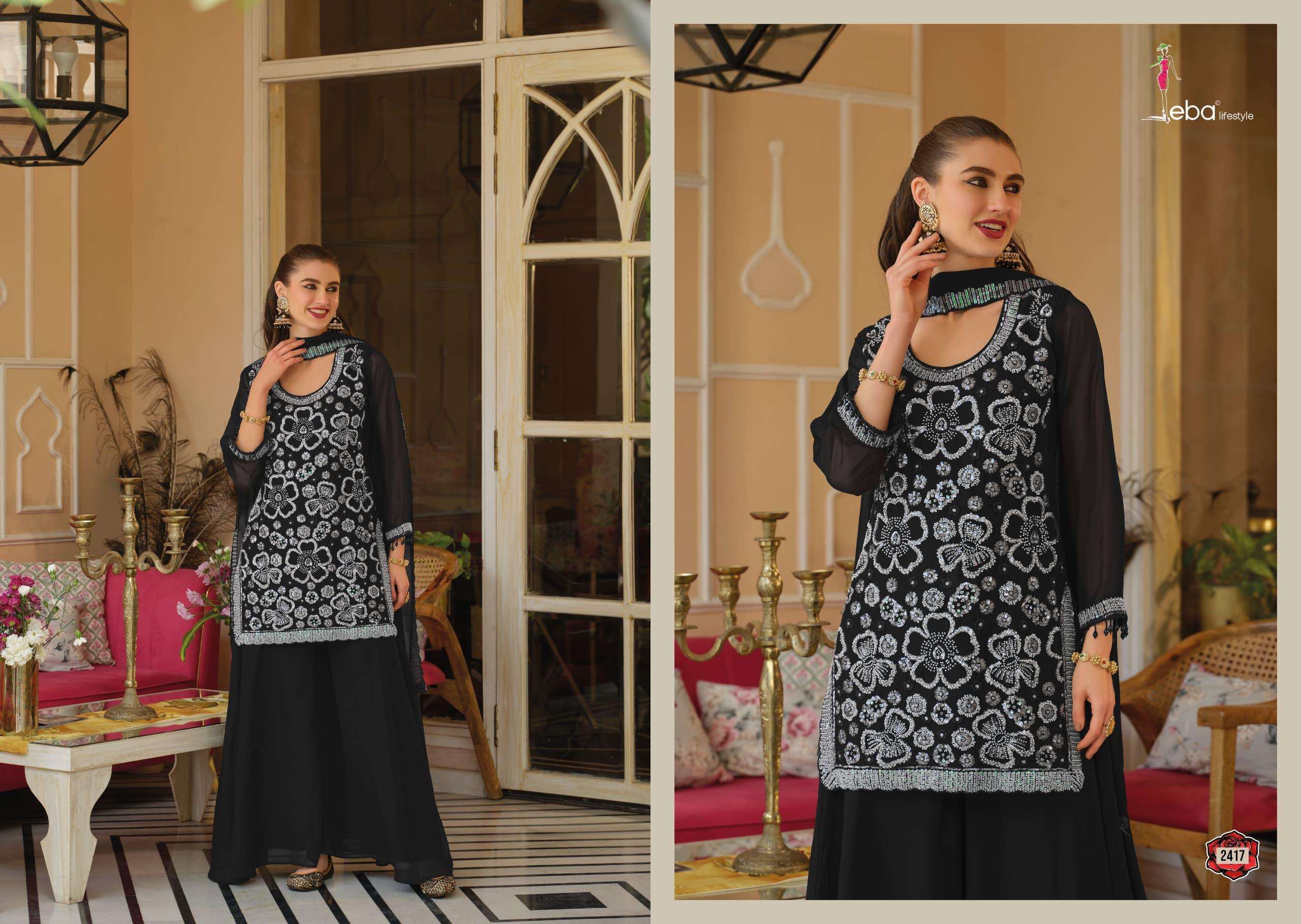 EBA LIFESTYLE ROSY BLACK AND WHITE GEORGETTE DESIGNER PARTY WEAR LADIES SUIT