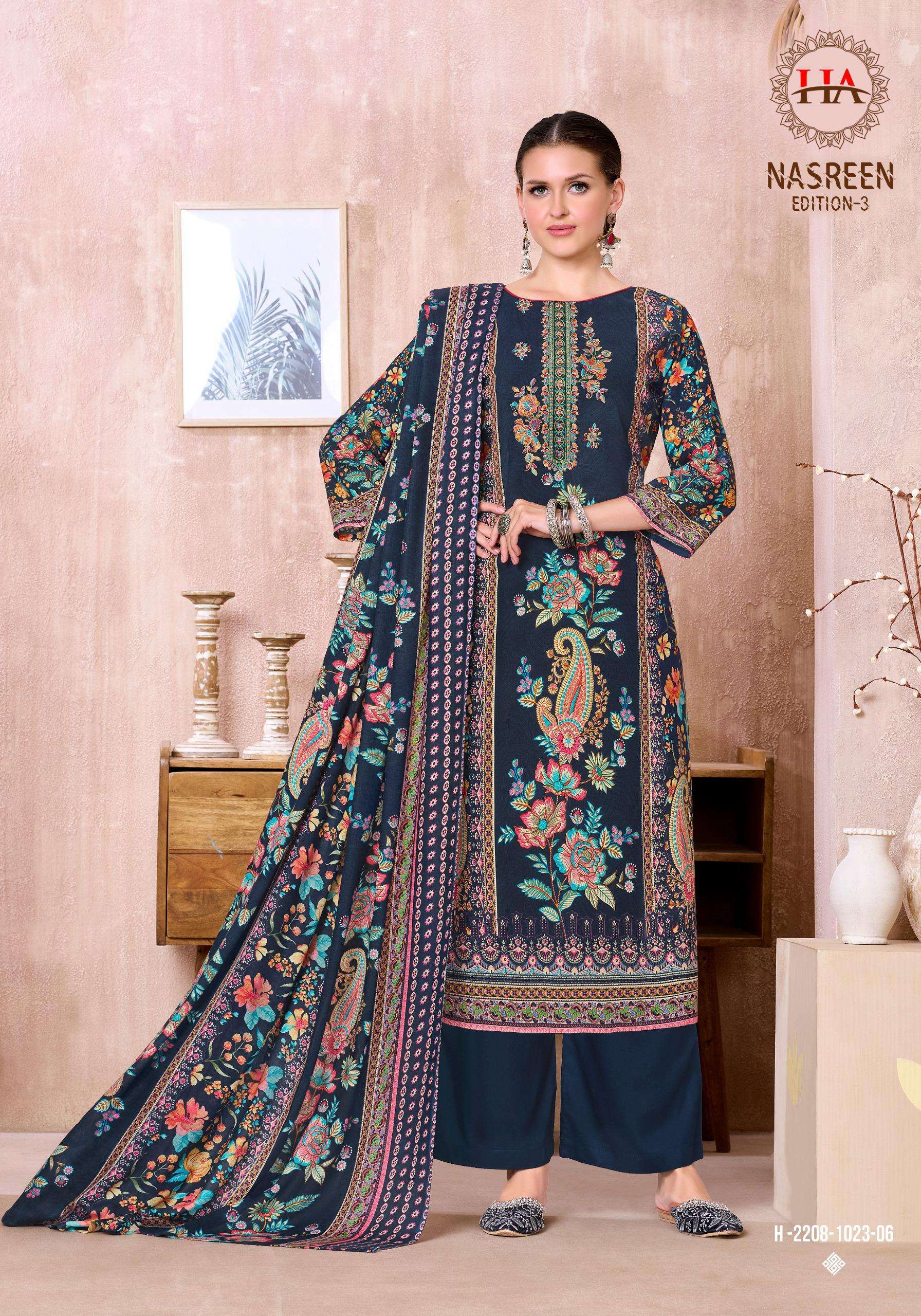 HARSHIT FASHION HUB NASREEN EDITION 3 VISCOSE PRINT WITH FANCY WORK SUIT