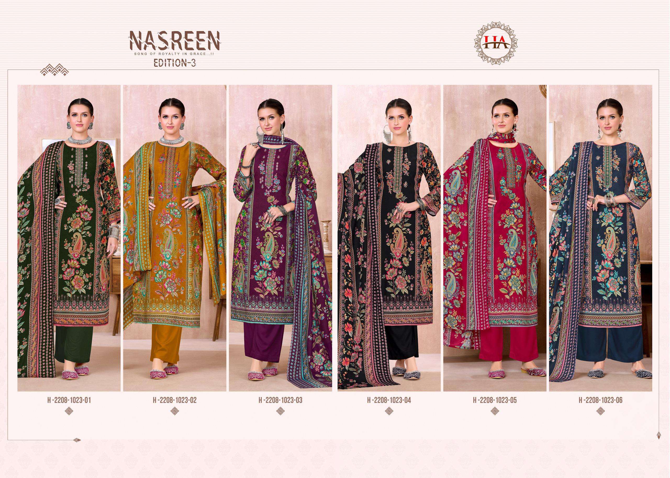 HARSHIT FASHION HUB NASREEN EDITION 3 VISCOSE PRINT WITH FANCY WORK SUIT