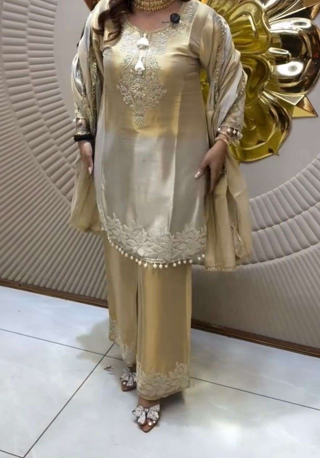LADY LOOK 039 BANARASHI SILK EMBROIDERY DESIGNER READY MADE TOP PLAZZO AND DUPATTA SET