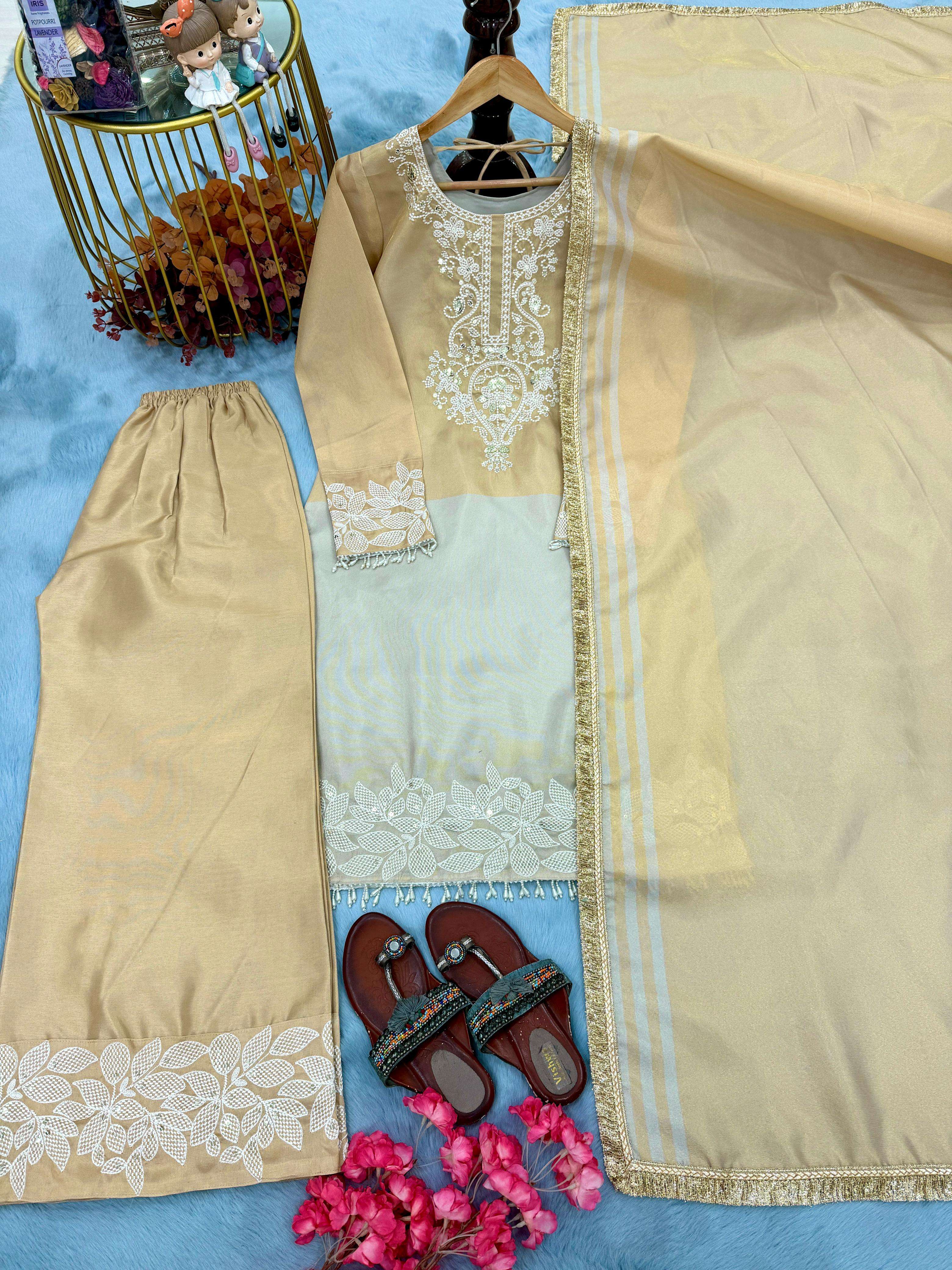 LADY LOOK 039 BANARASHI SILK EMBROIDERY DESIGNER READY MADE TOP PLAZZO AND DUPATTA SET