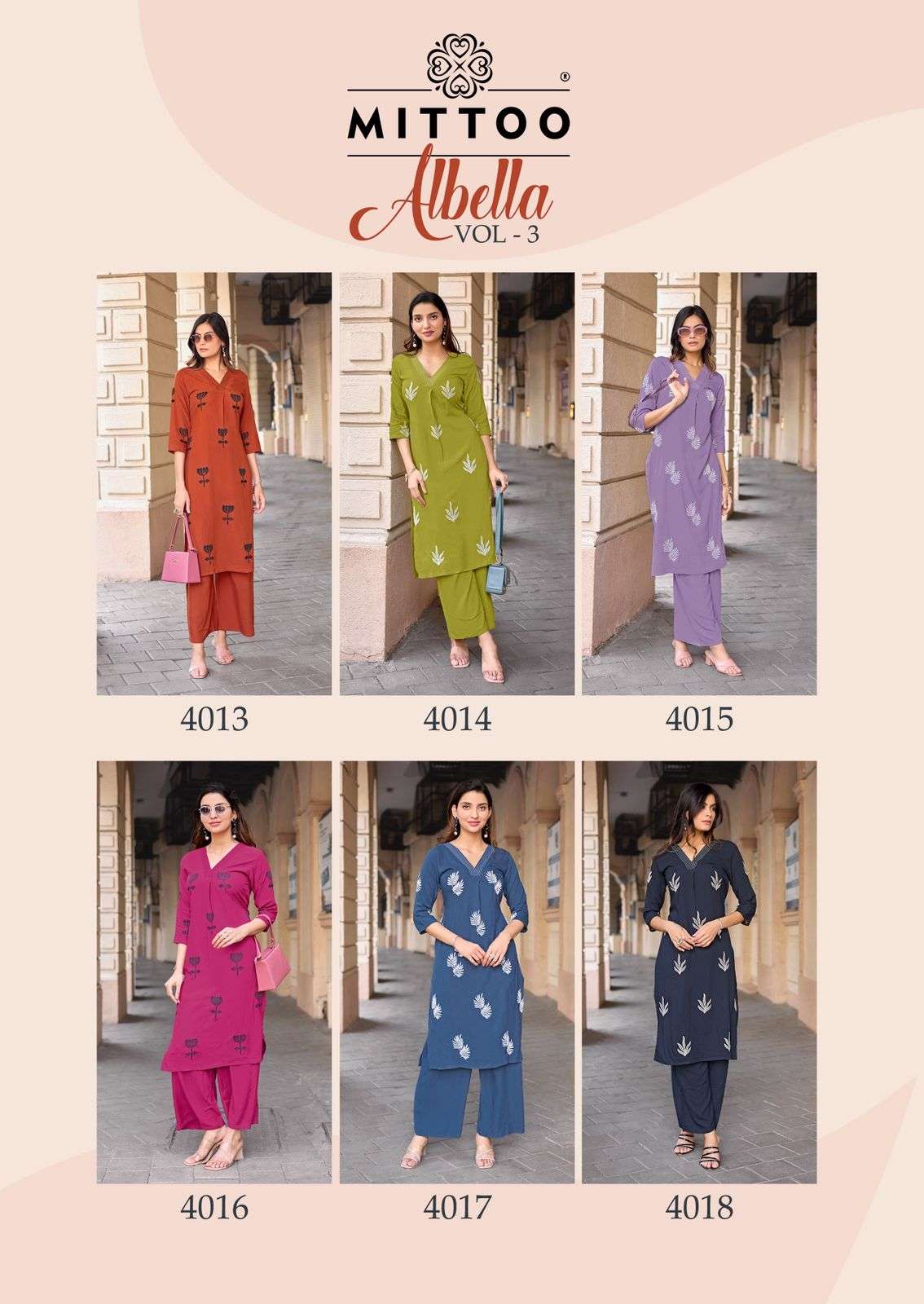 MITTOO ALBELLA VOL 3 RAYON FANCY WORKS LADIES KURTI WITH BOTTOM PAIR 