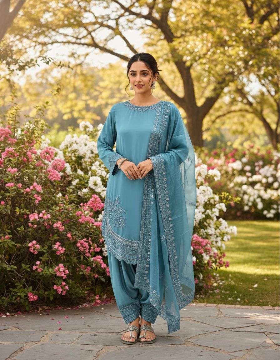 PD 1143 CREPE SILK FANCY PARTY WEAR LOOK TOP FARSHI PLAZZO AND DUPATTA 