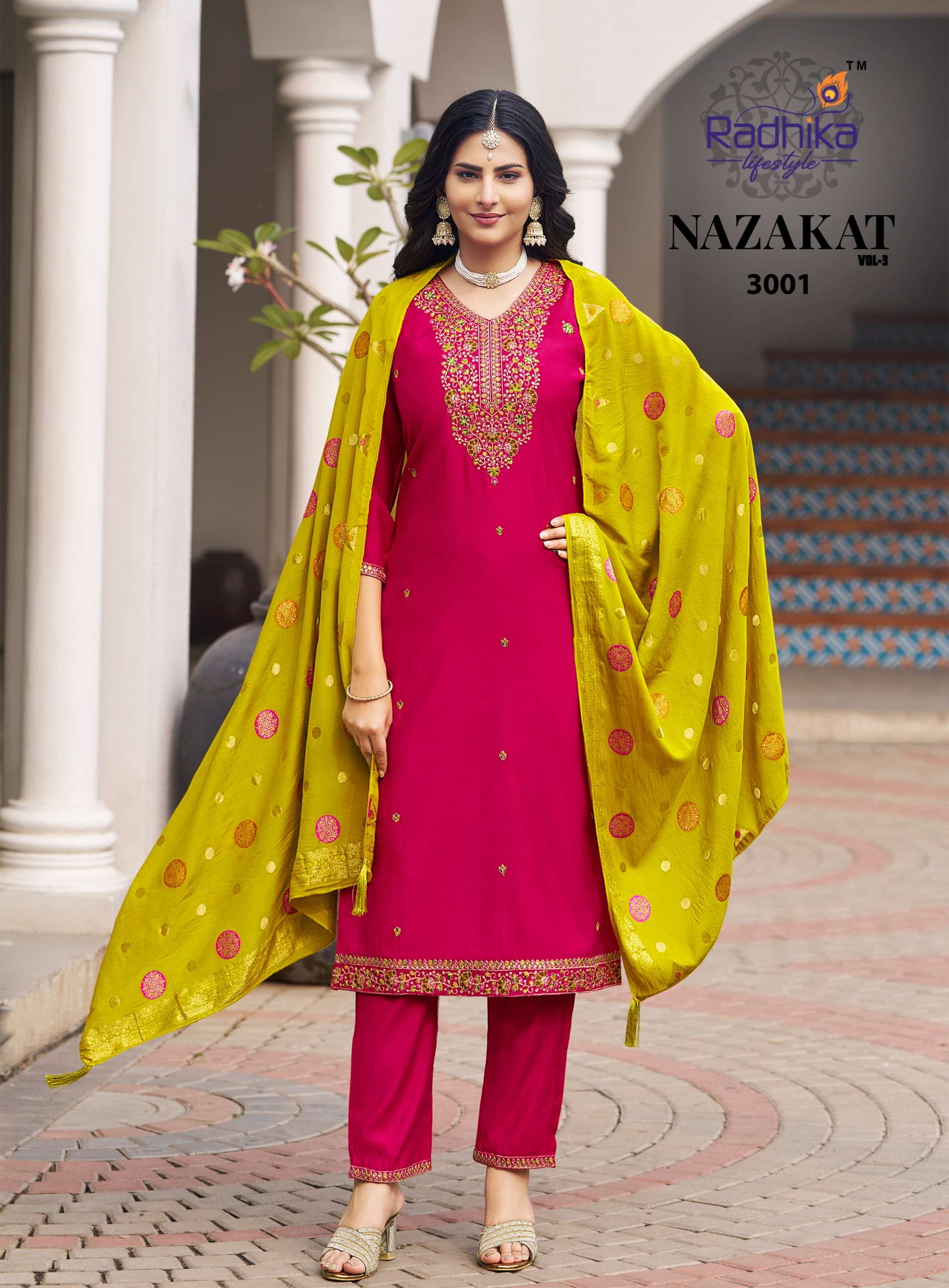 RADHIKA LIFESTYLE NAZAKAT VOL 3 FANCY WORK LADIES KURTI PANT WITH DUPATTA SET