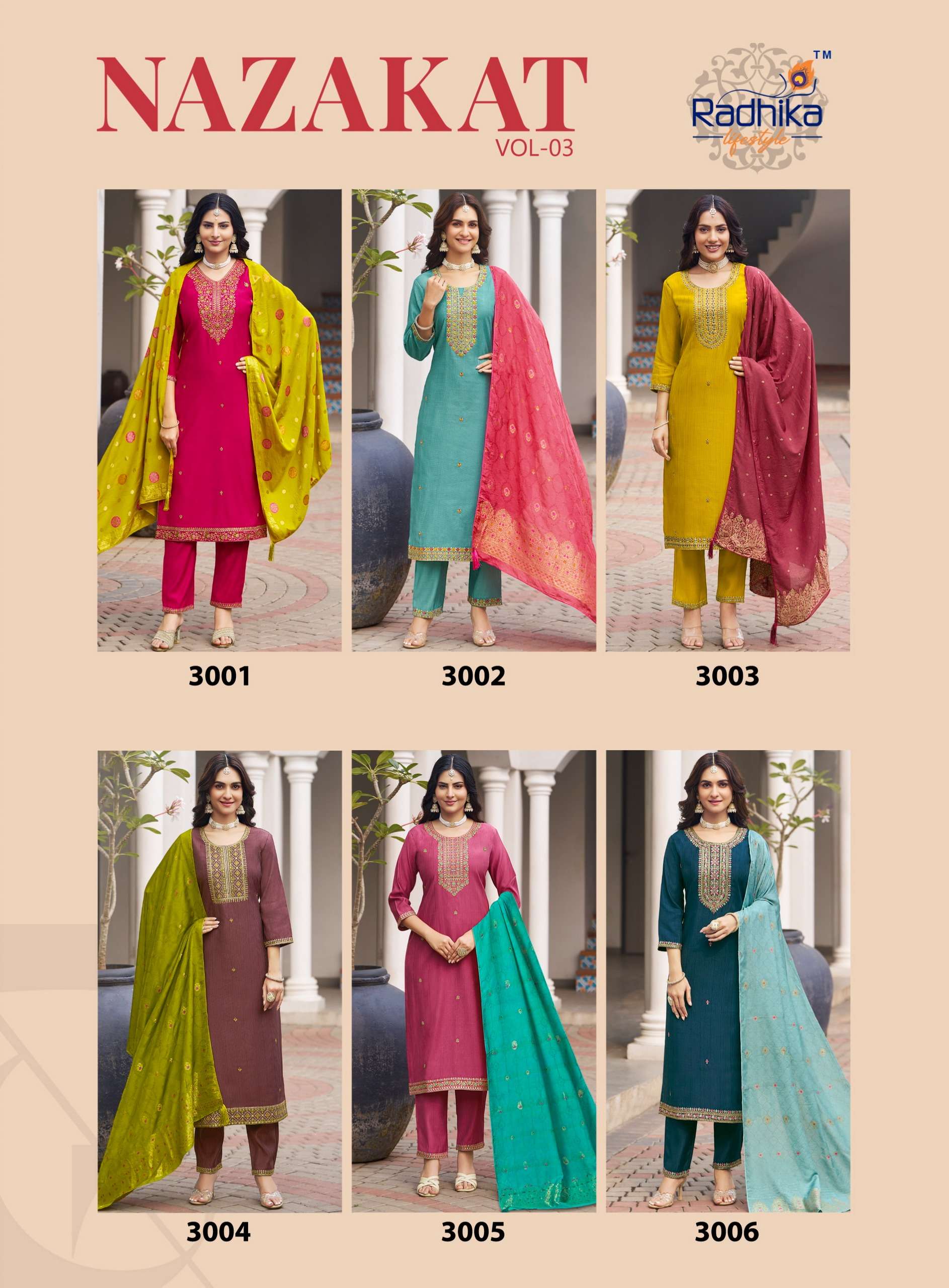 RADHIKA LIFESTYLE NAZAKAT VOL 3 FANCY WORK LADIES KURTI PANT WITH DUPATTA SET