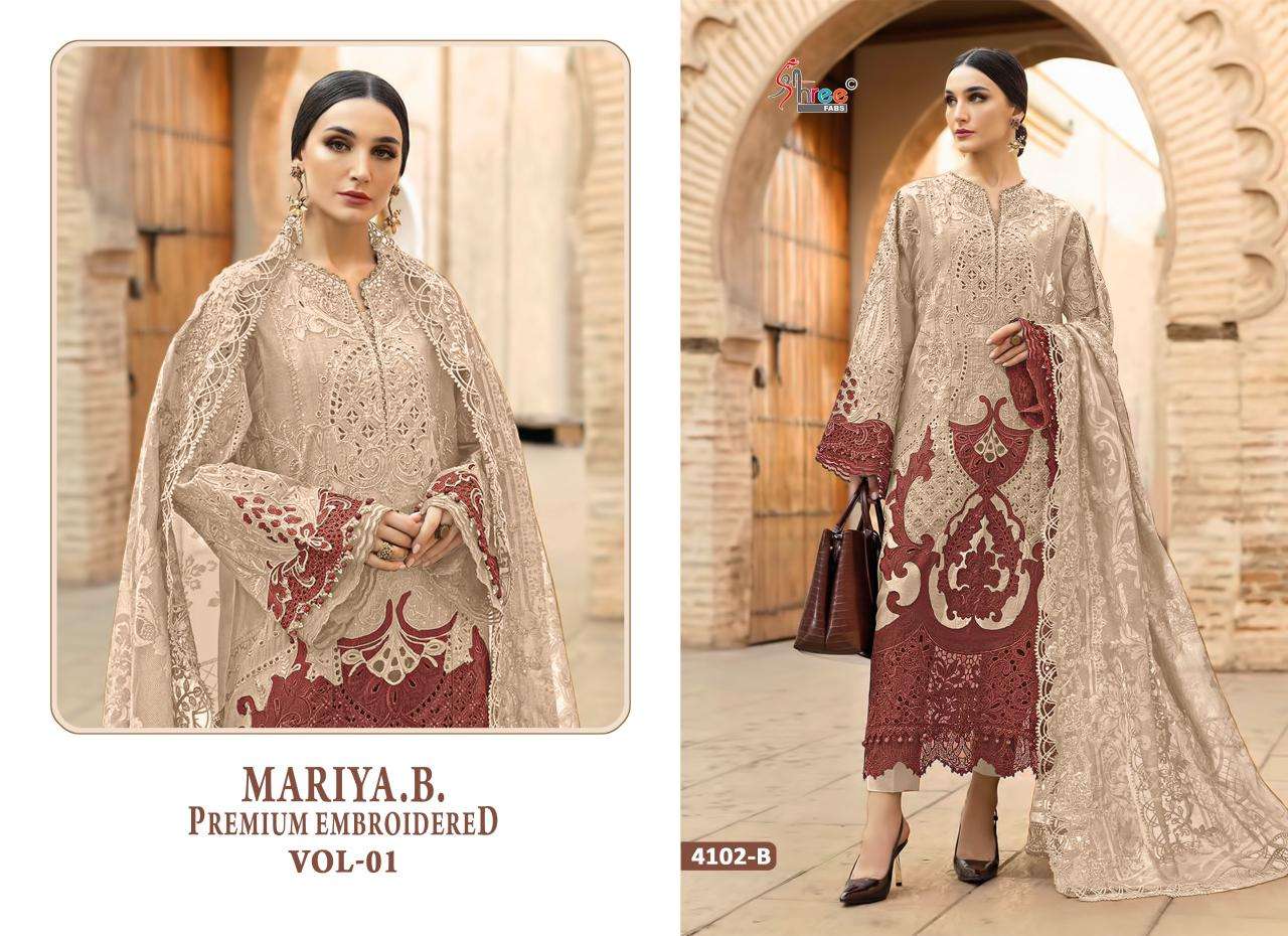 SHREE FABS MARIYA B PREMIUM EMBROIDERED VOL 1 HIT DESIGN 4102 COTTON HEAVY DESIGNER WORK SUIT