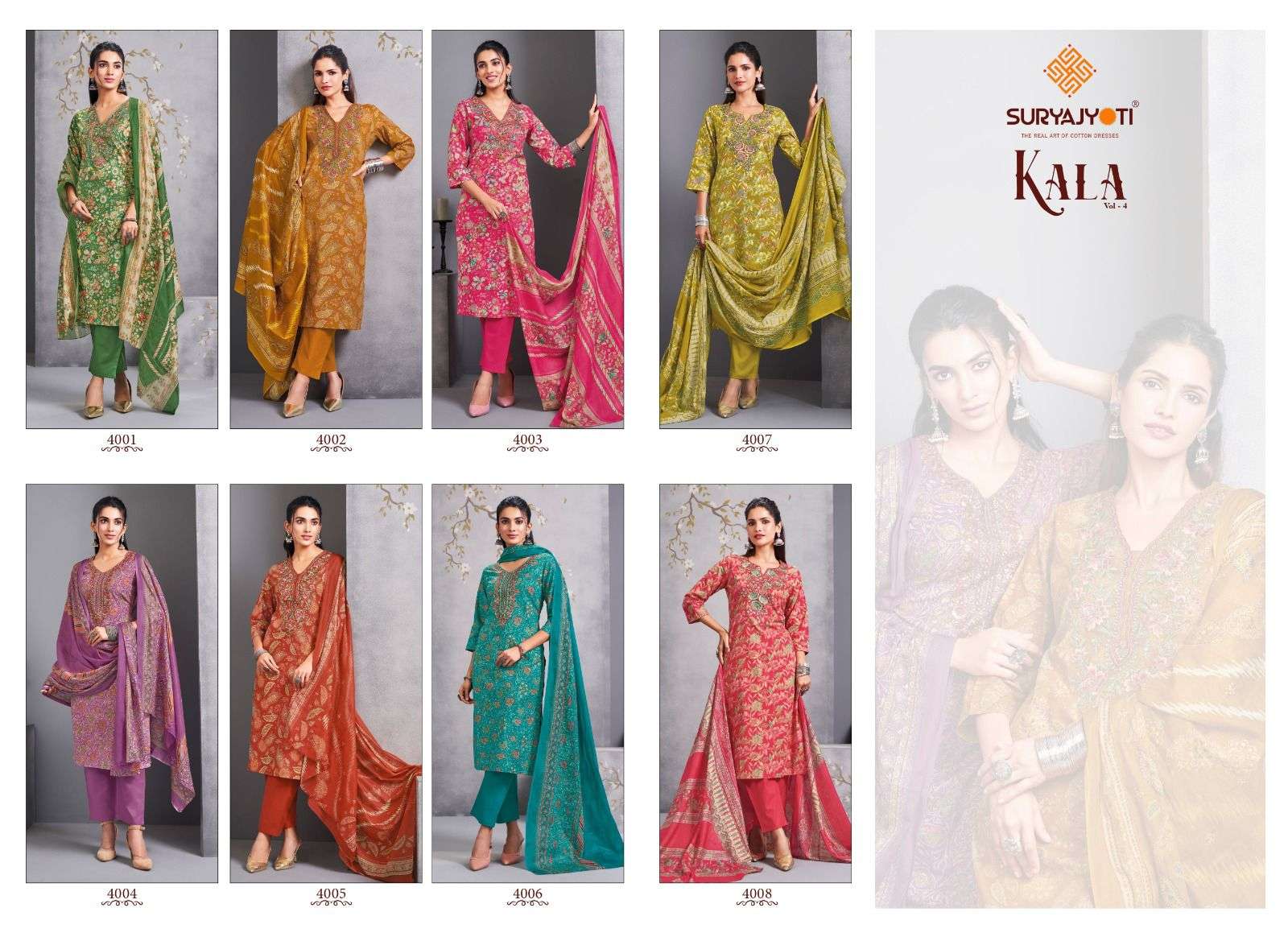  SURYAJYOTI KALA STITCH VOL 4 COTTON PRINT WITH FANCY WORK LADIES SUIT