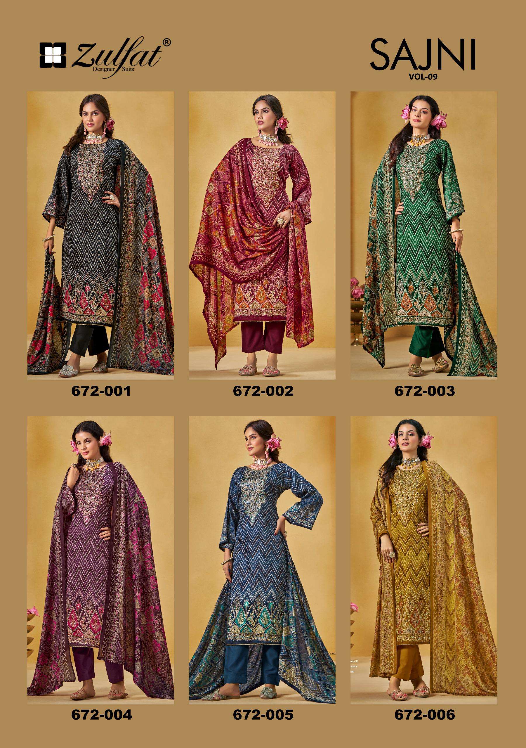ZULFAT DESIGNER SUITS SAJNI VOL 9 JAM COTTON PRINT WITH FANCY WORK SUIT