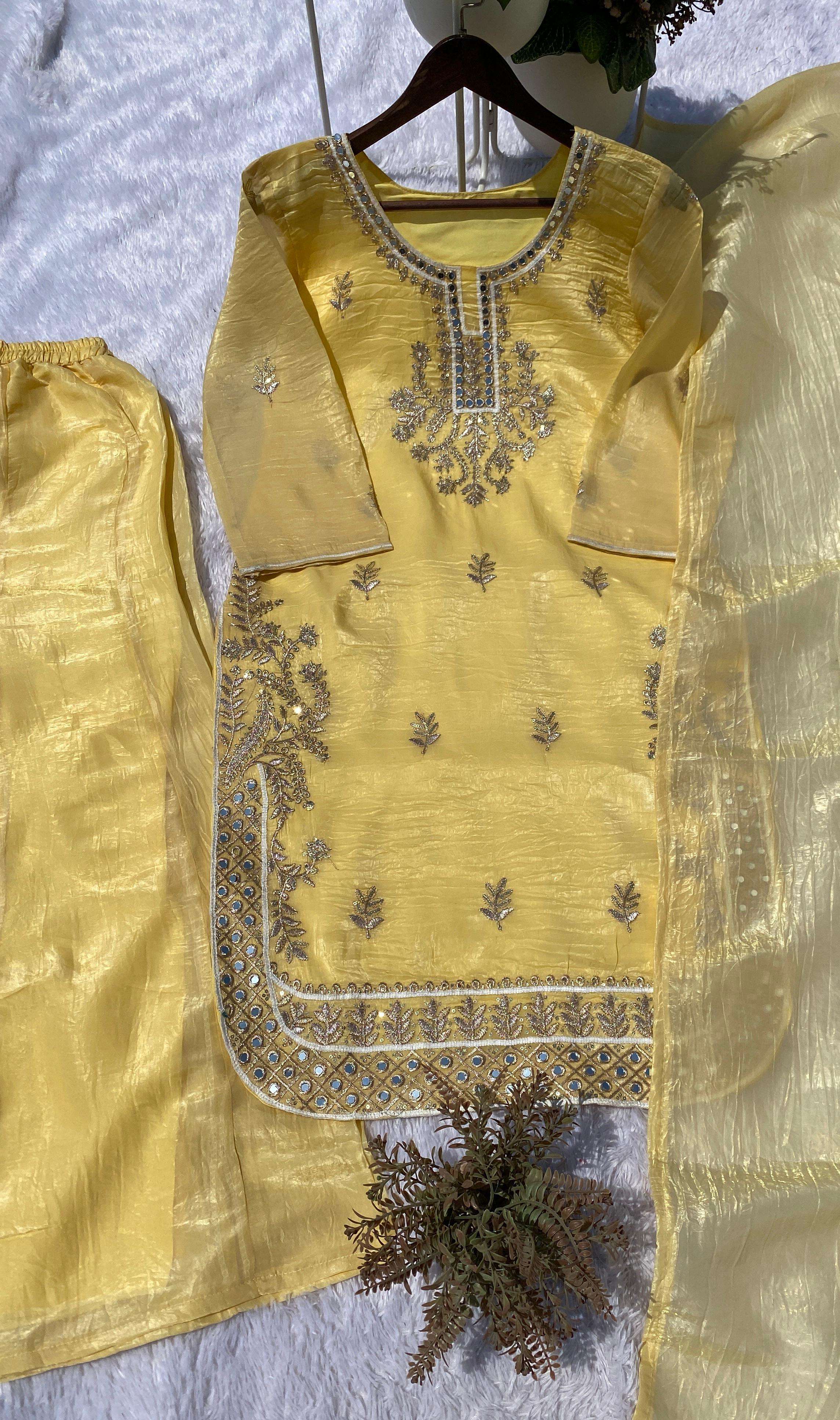 BE 453 CRUNCHY SILK BEAUTIFUL EMBROIDERY DESIGNER FESTIVE WEAR LADIES TOP PLAZZO AND DUPATTA SET 