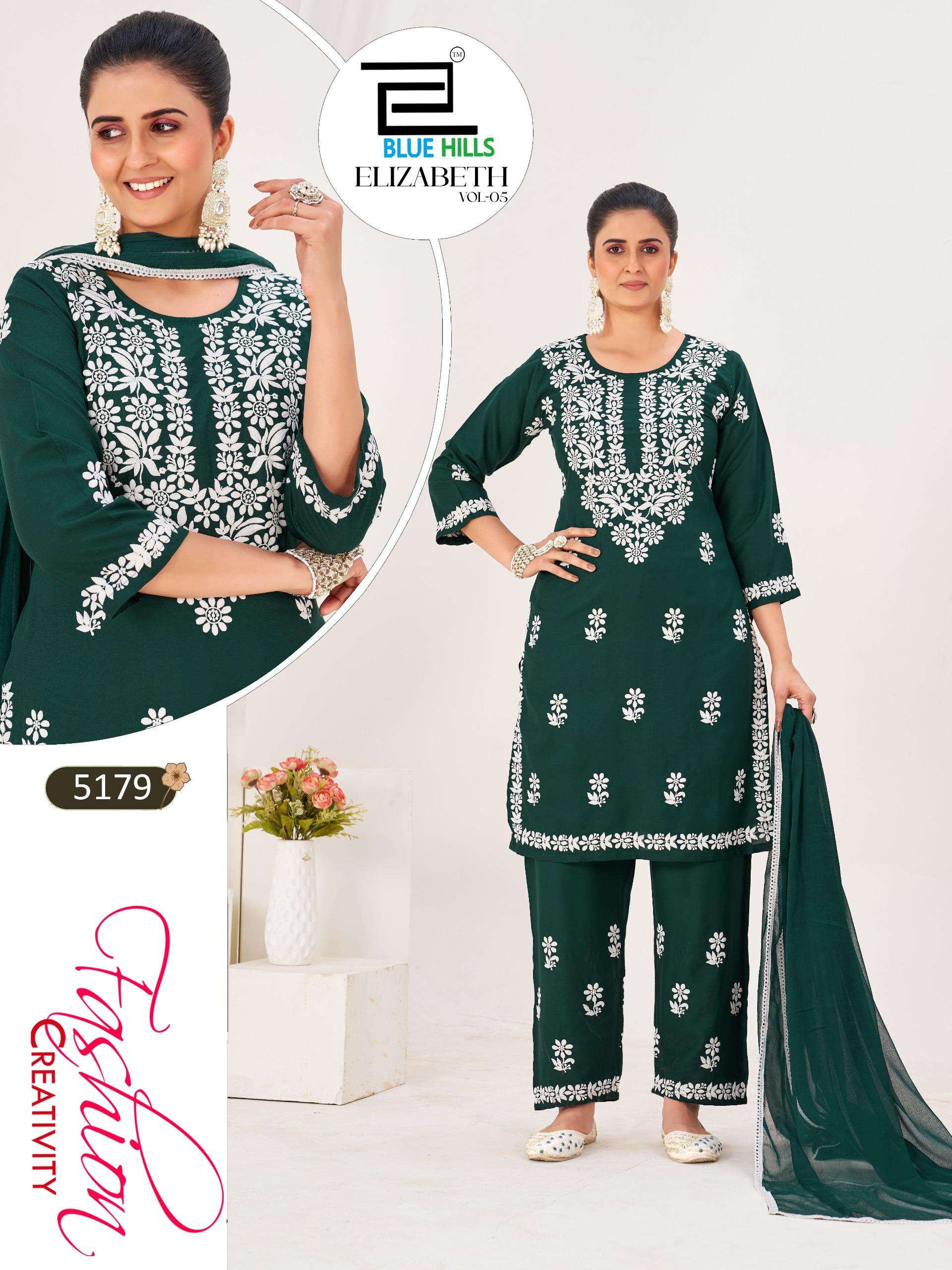 BLUE HILLS ELIZABETH VOL 5 RAYON FANCY LUCKNOWI WORKS LADIES 3PCS SET COLLECTION 