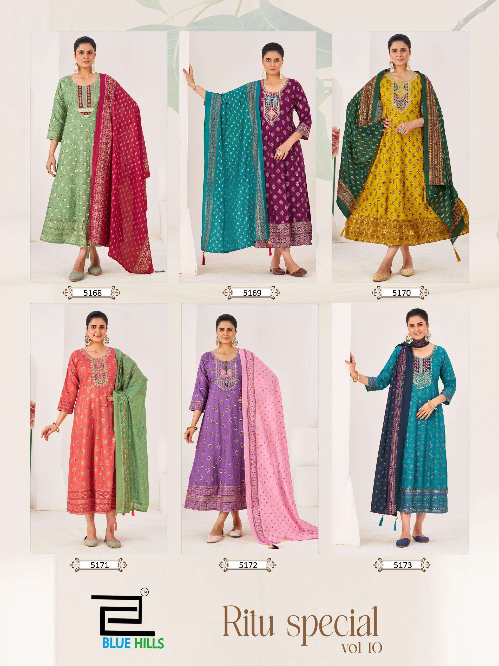 BLUE HILLS RITU SPECIAL VOL 10 RAYON FOIL PRINT WITH WORK FANCY ANARKALI GOWN WITH DUPATTA SET 