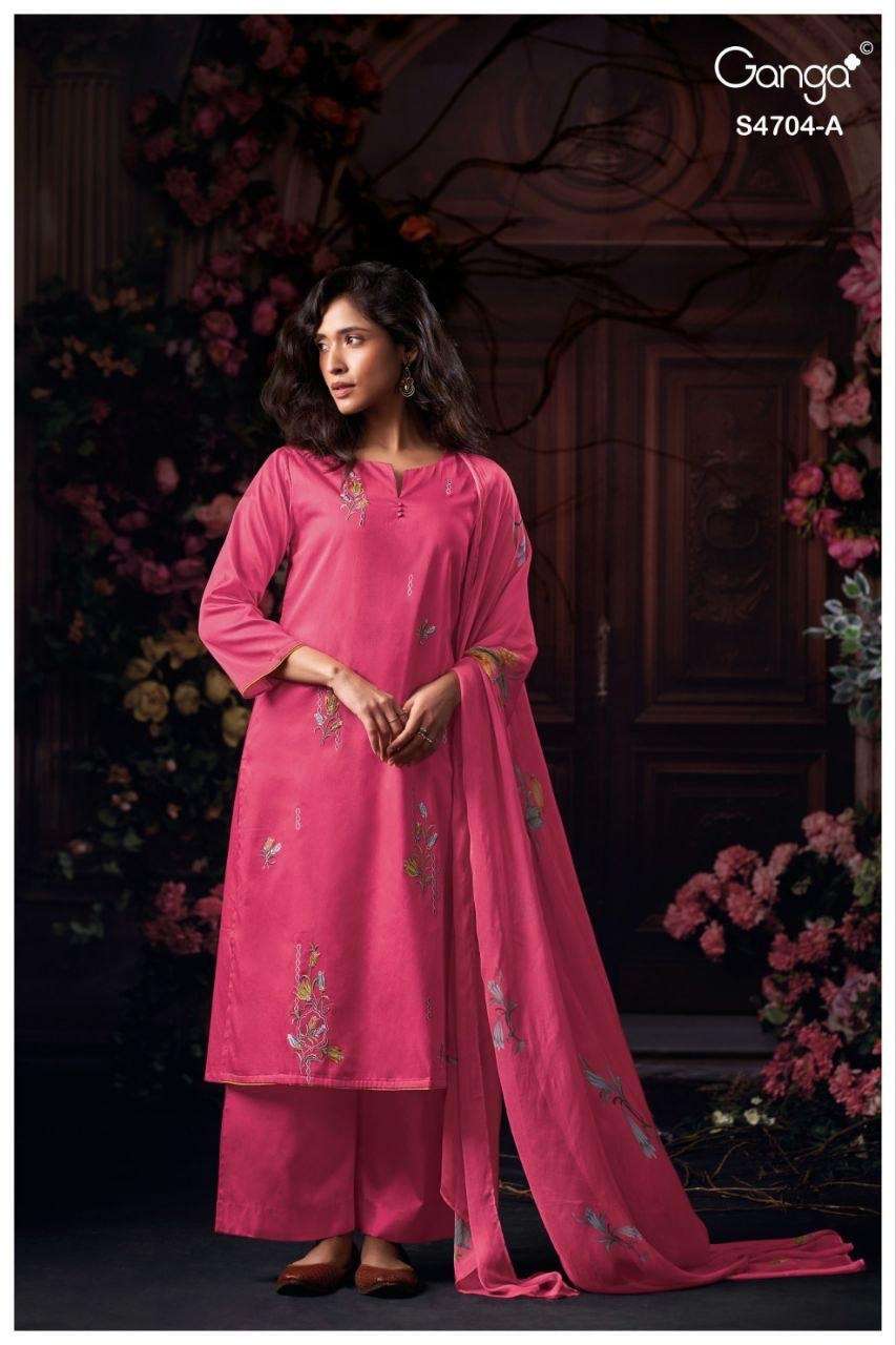 GANGA IVENZA 4704  COTTON SATIN EMBROIDERY DESIGNER WORK SUIT
