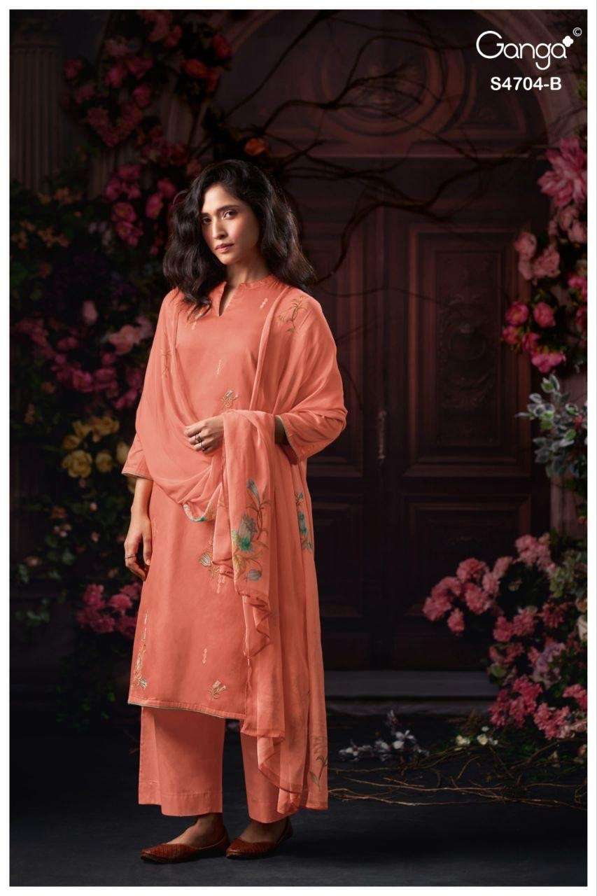 GANGA IVENZA 4704  COTTON SATIN EMBROIDERY DESIGNER WORK SUIT