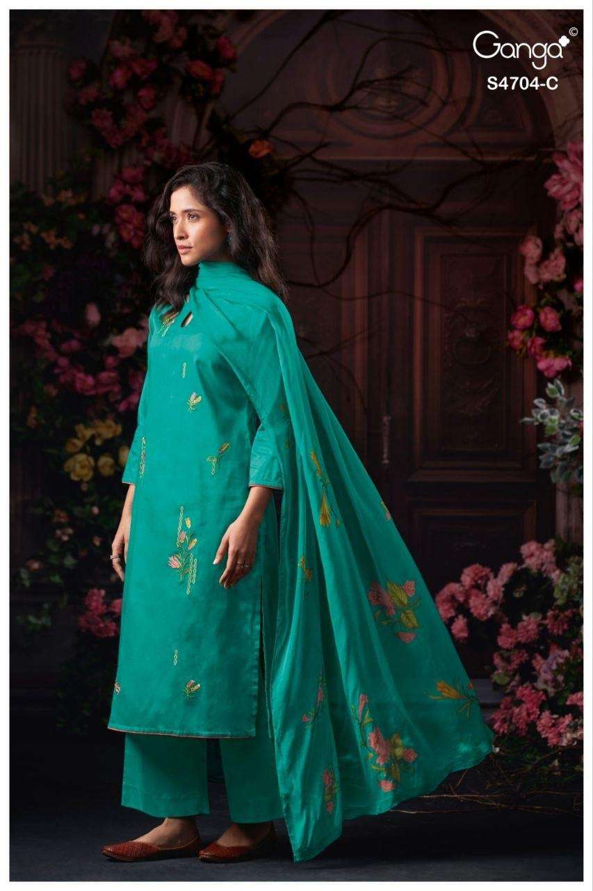 GANGA IVENZA 4704  COTTON SATIN EMBROIDERY DESIGNER WORK SUIT