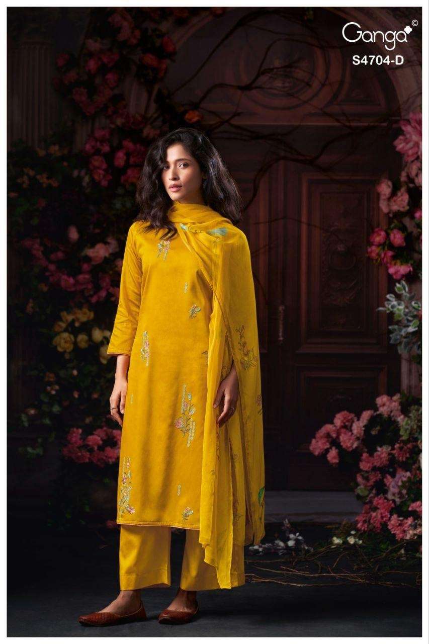 GANGA IVENZA 4704  COTTON SATIN EMBROIDERY DESIGNER WORK SUIT