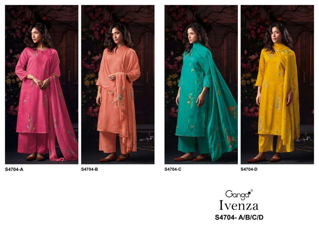 GANGA IVENZA 4704  COTTON SATIN EMBROIDERY DESIGNER WORK SUIT