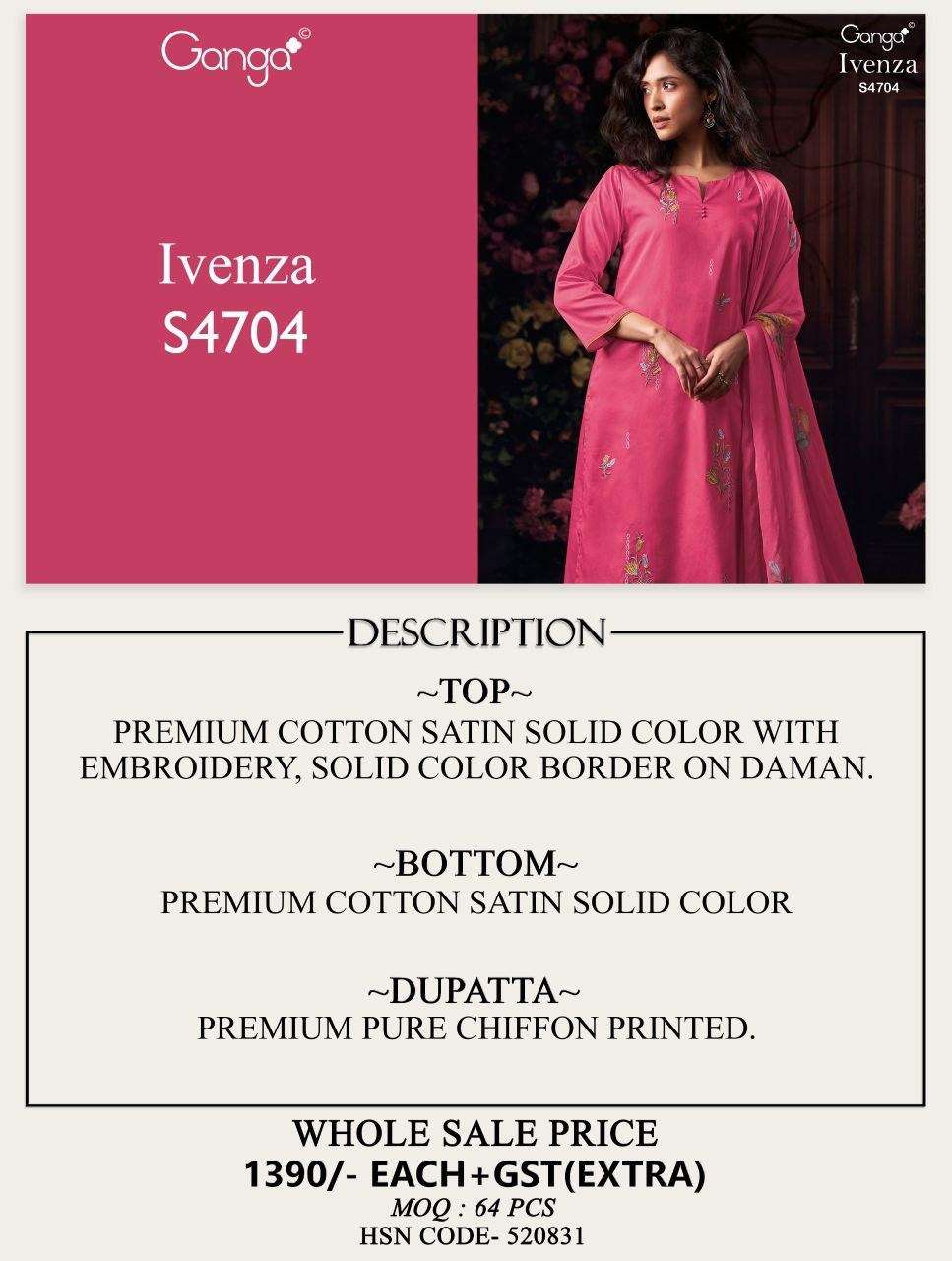 GANGA IVENZA 4704  COTTON SATIN EMBROIDERY DESIGNER WORK SUIT