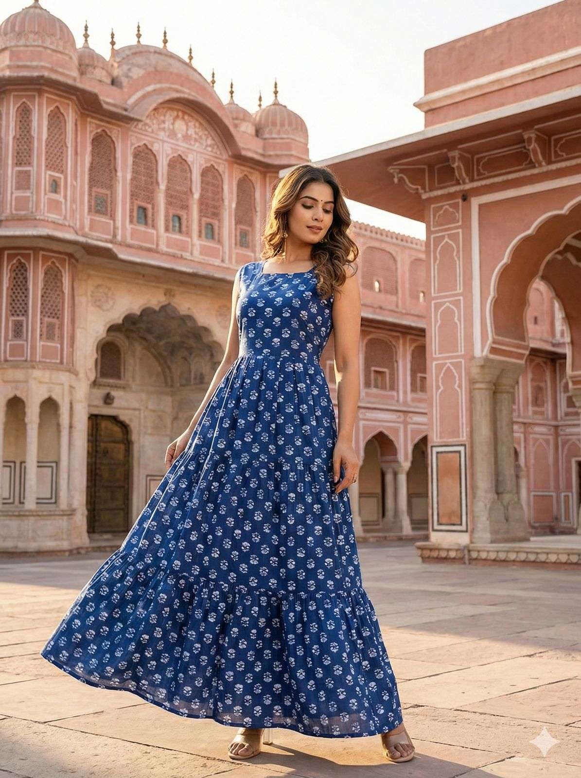 INLI FLORAL COTTON SLEEVELESS RUFFLE MAXI DRESS 