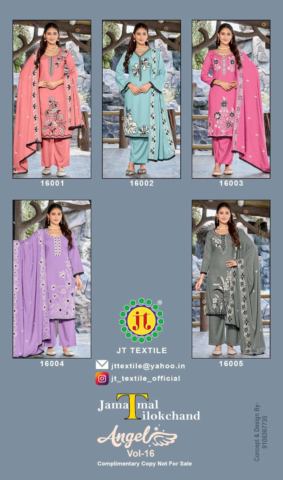 JT ANGEL VOL 16 RAYON FANCY EMBROIDERY WITH LACE WORK SUIT