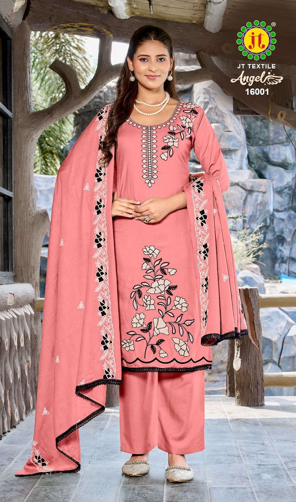 JT ANGEL VOL 16 RAYON FANCY EMBROIDERY WITH LACE WORK SUIT