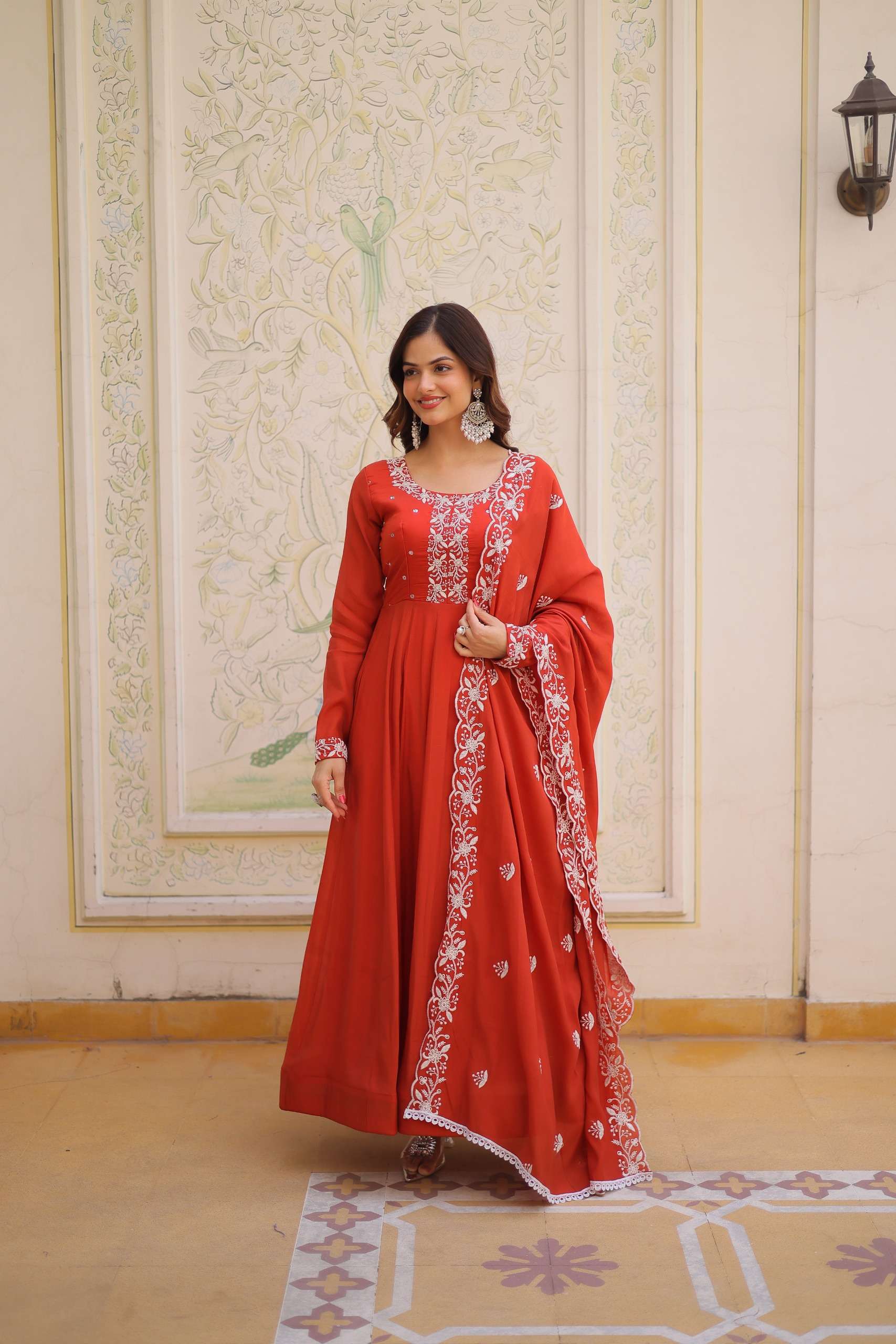 KA 1244 CHANDERI SILK BEADS EMBROIDERY WORK PARTY WEAR GOWN WITH DUPATTA SET 